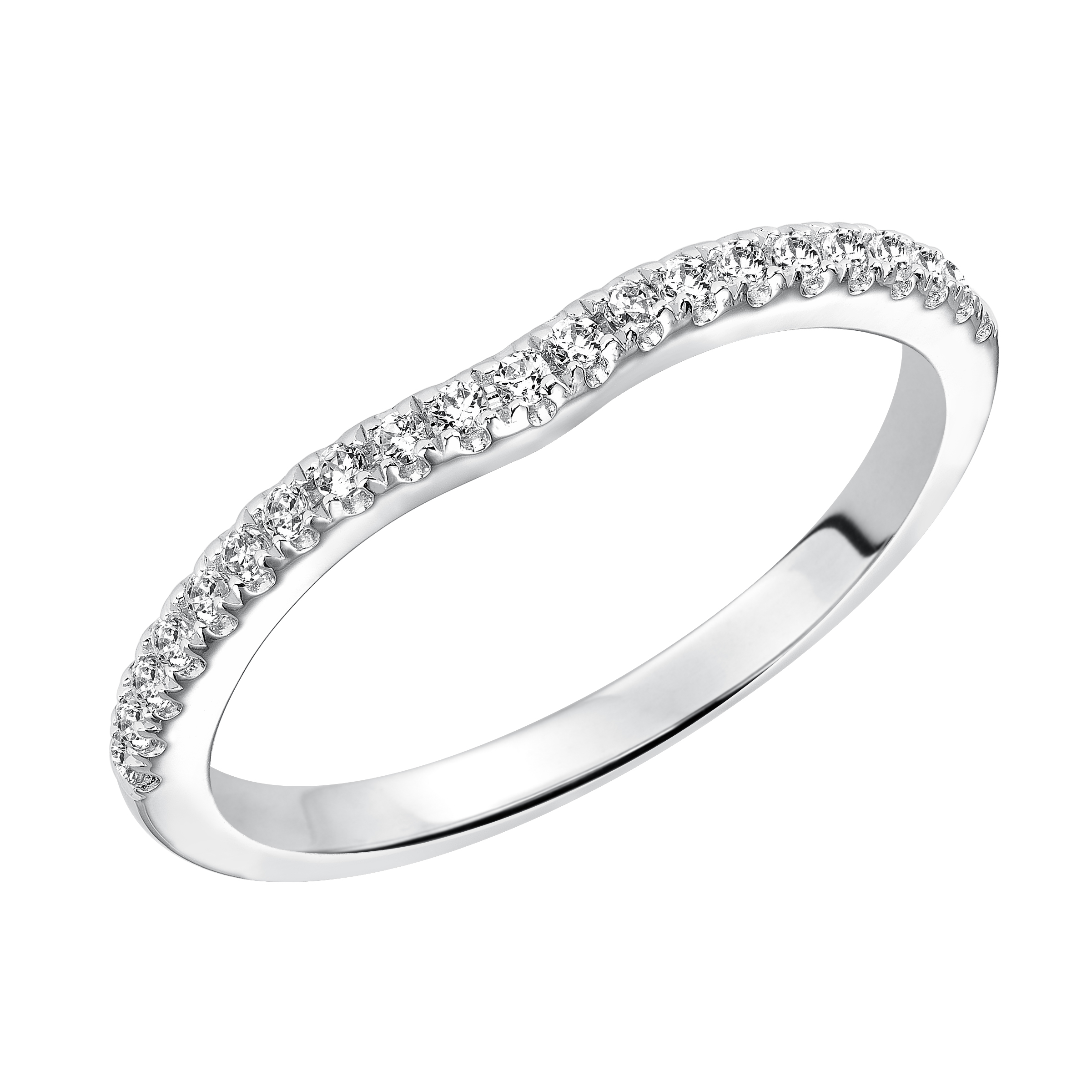 Wedding band with prong set, round diamonds and curved to fit flush with matching engagement ring.