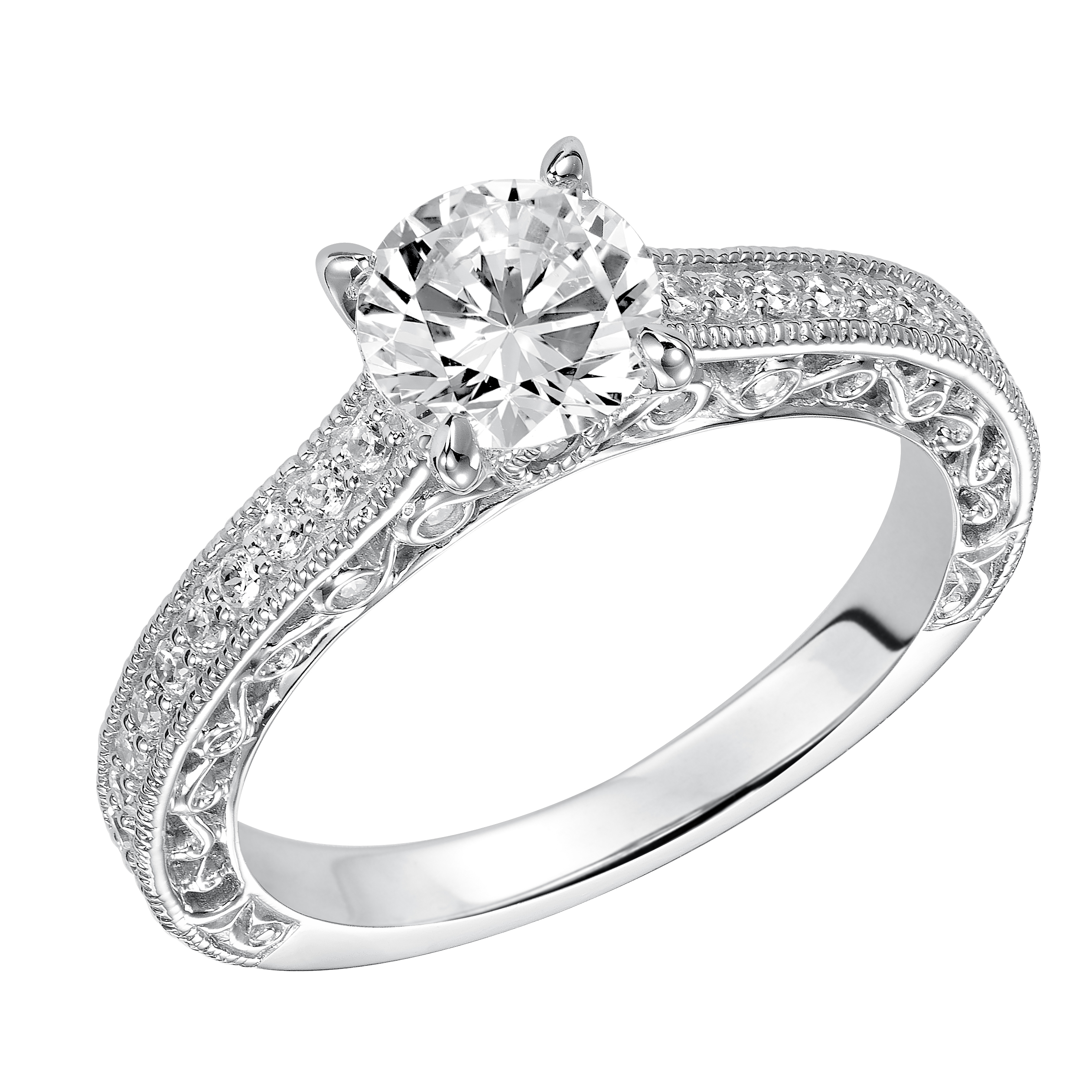 This round brilliant diamond is complimented by stunning diamond prong set and filigree band