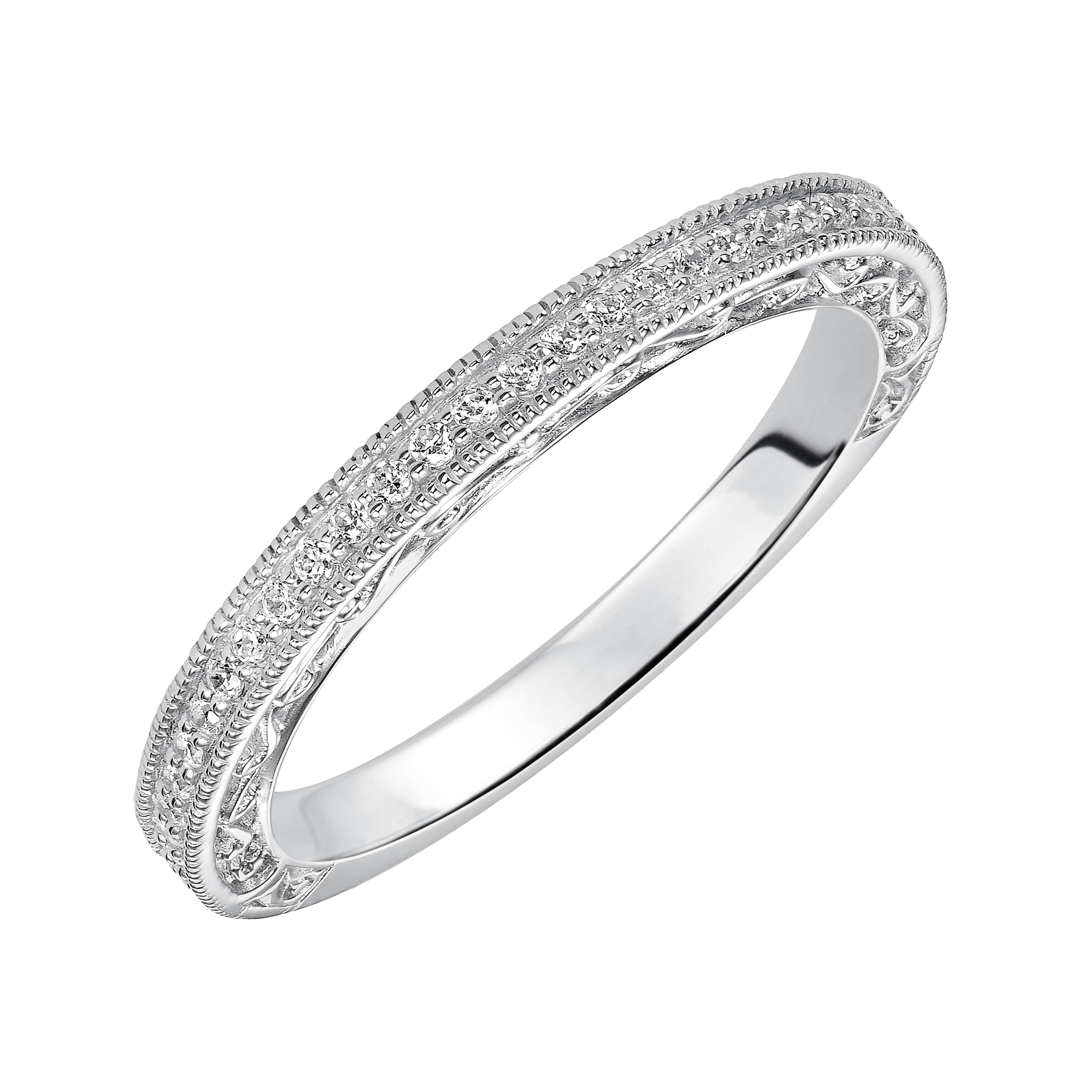 Wedding band with bead set, round diamonds, engraving and milgrain.