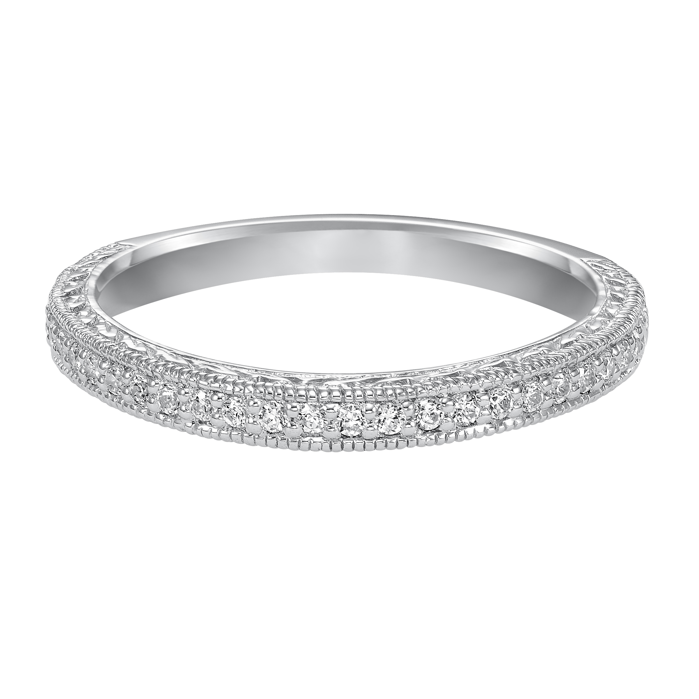 Wedding band with bead set, round diamonds, milgrain, engraving and curved design to fit flush with matching engagement ring.