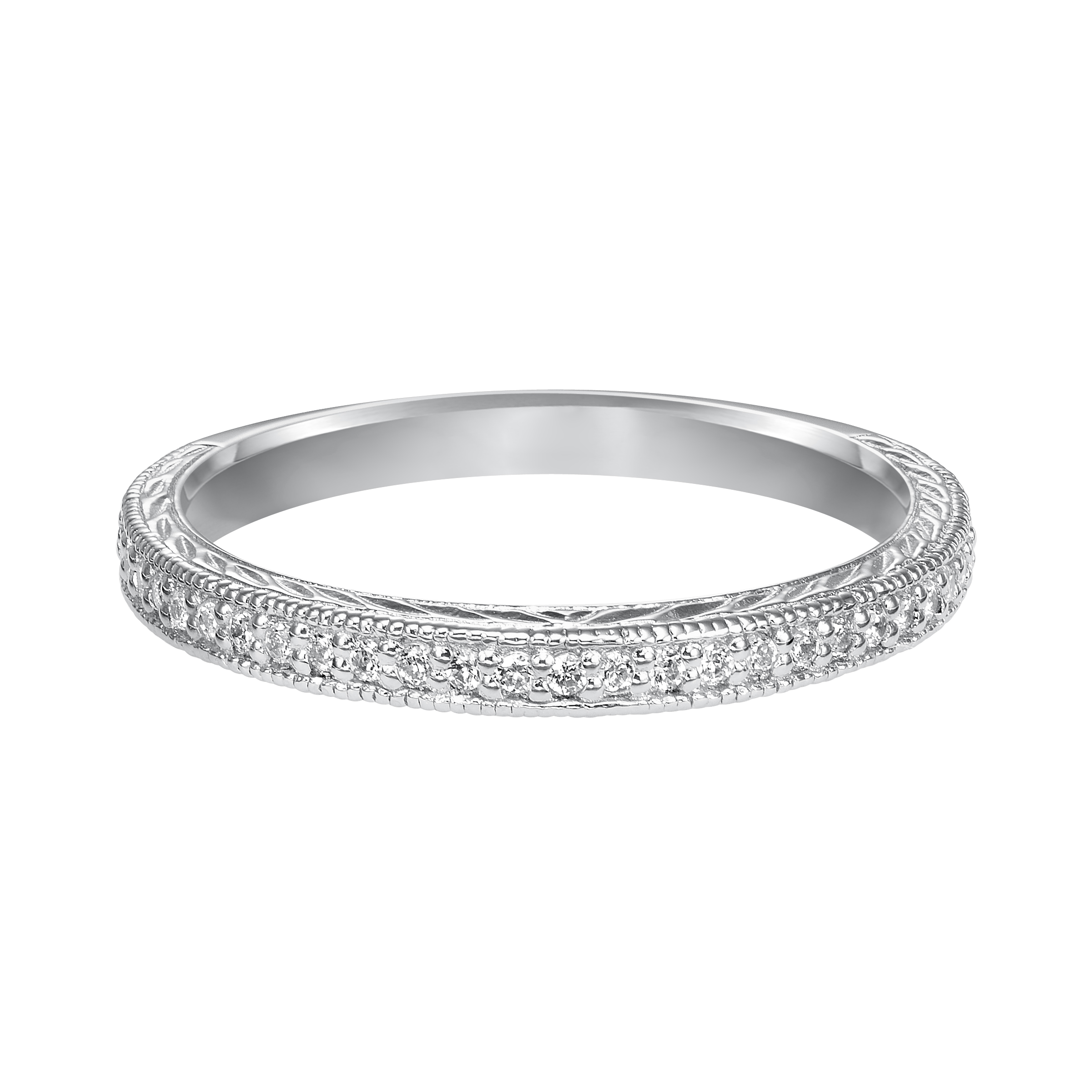 Wedding band with bead set, round diamonds, engraving and milgrain.