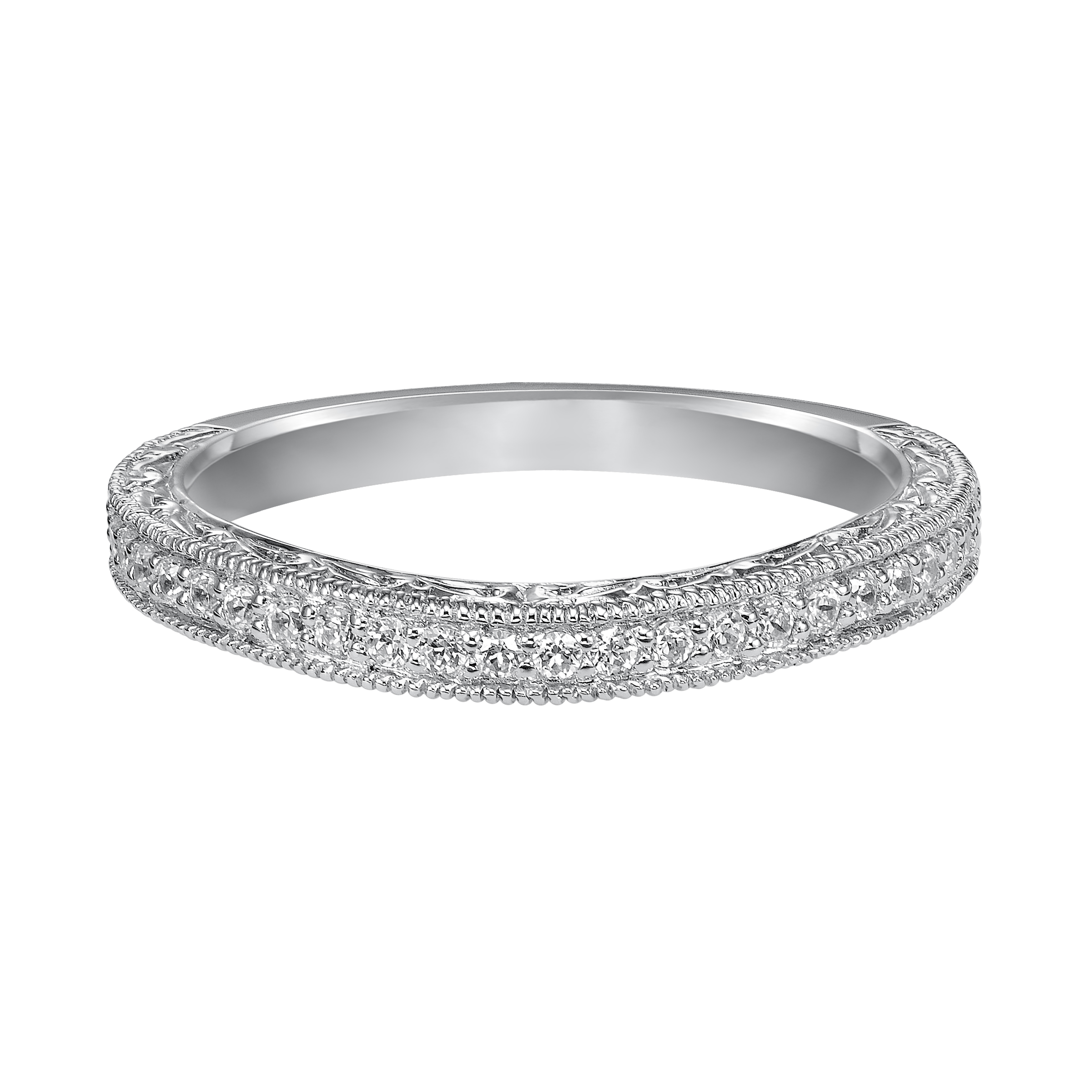 Wedding band with bead set, round diamonds, milgrain, engraving and curved design to fit flush with matching engagement ring.