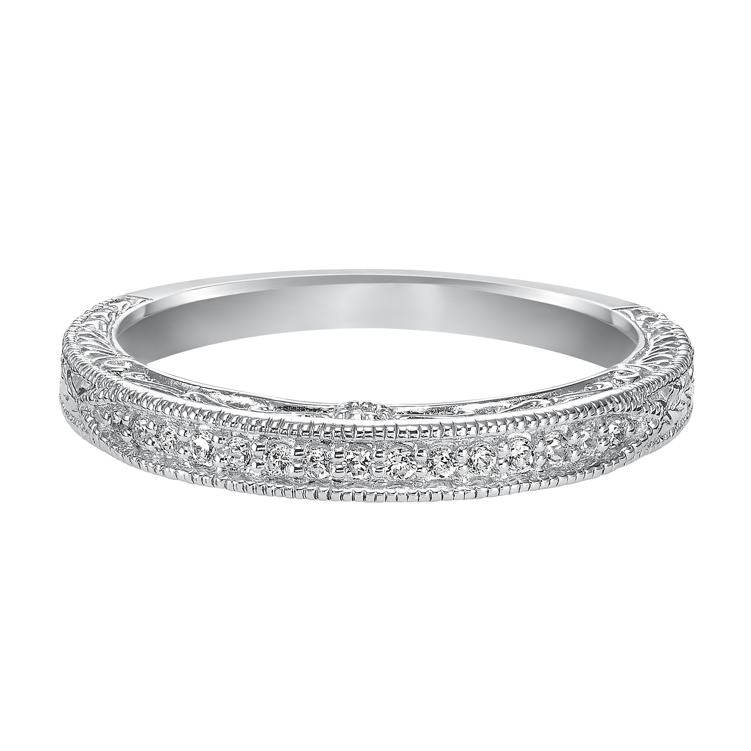 Wedding band with bead set, round diamonds, engraving and milgrain.