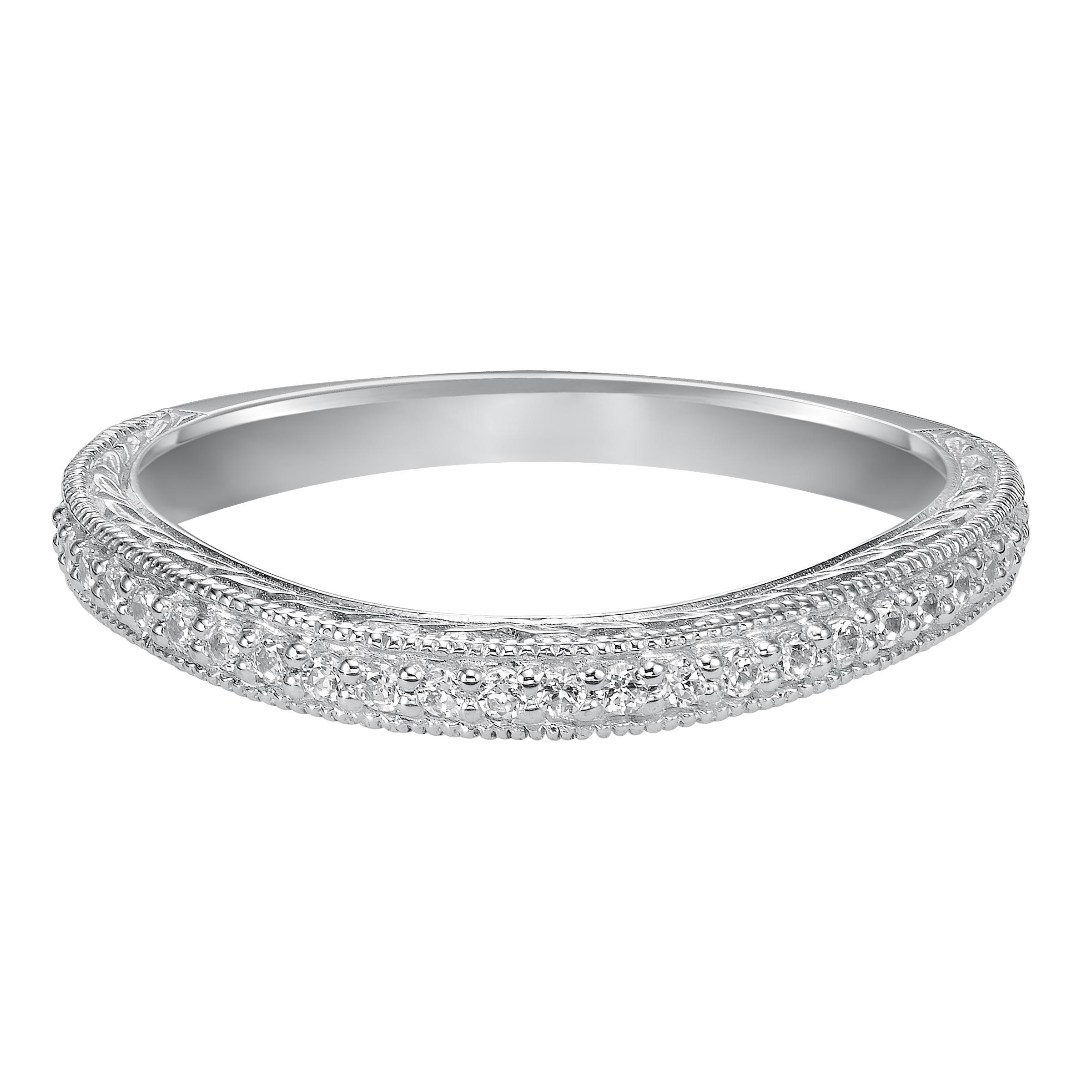 Wedding band with bead set, round diamonds, milgrain, engraving and curved design to fit flush with matching engagement ring.