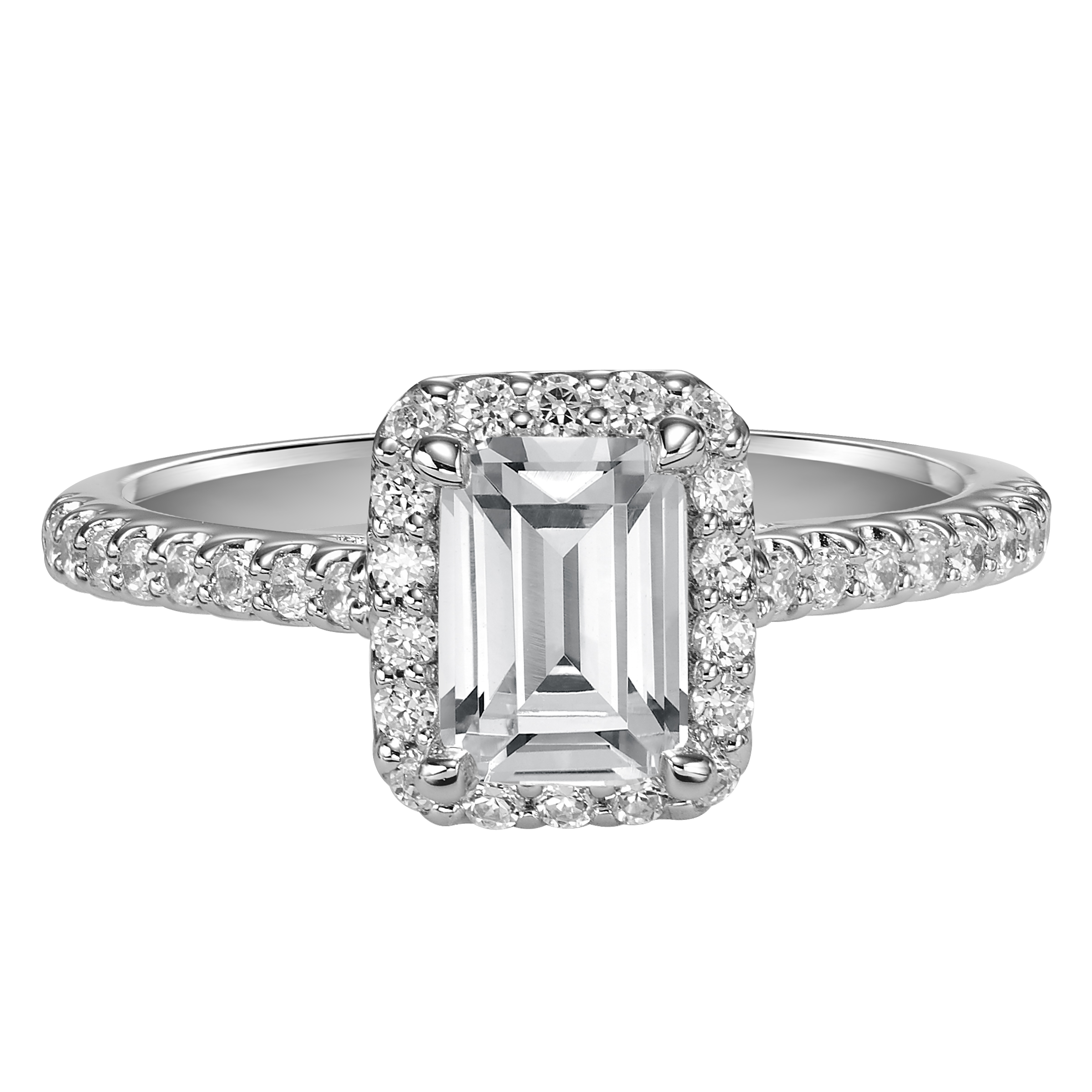 This timeless engagement ring features a diamond exquisitely enhanced with a prong set diamond halo and band