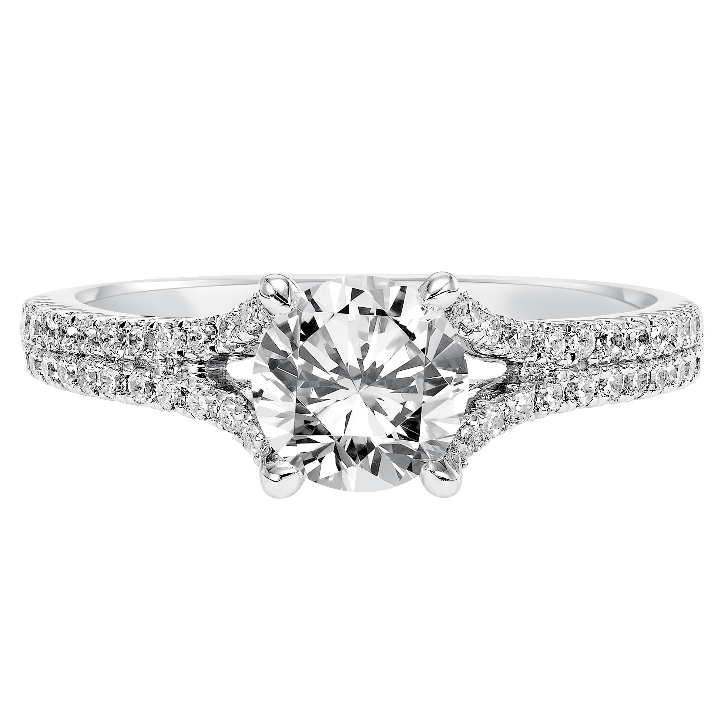 This distinguished prong set engagement ring features a round diamond center stone accentuated by a delicate, diamond prong set split band