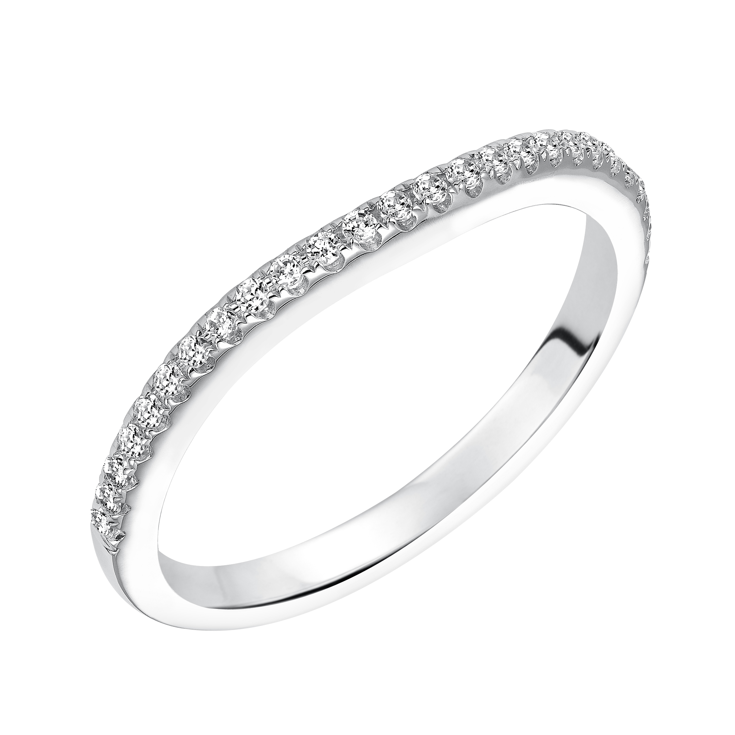 Wedding band with shared prong set, round diamonds.