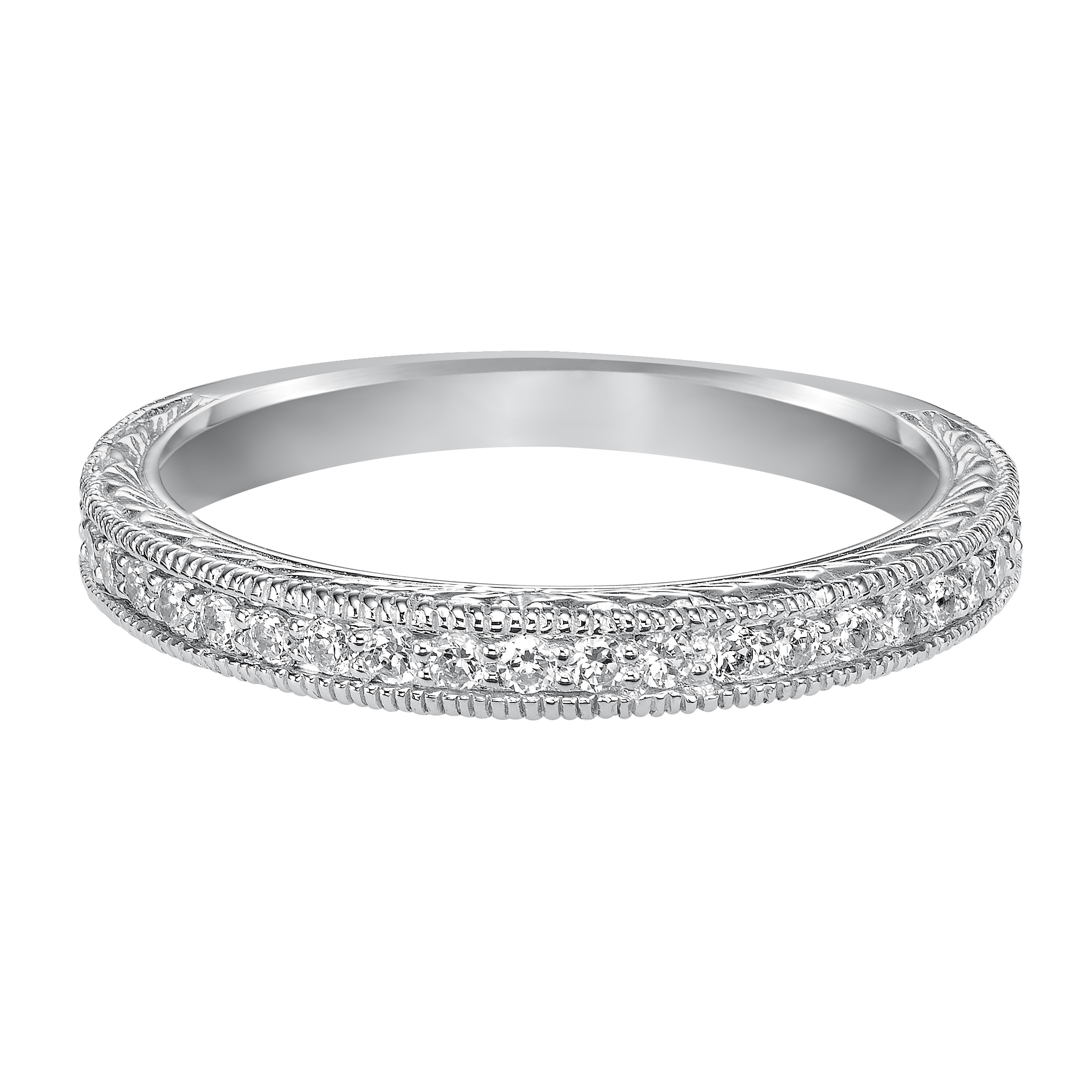 Wedding band with bead set, round diamonds, engraving and milgrain.