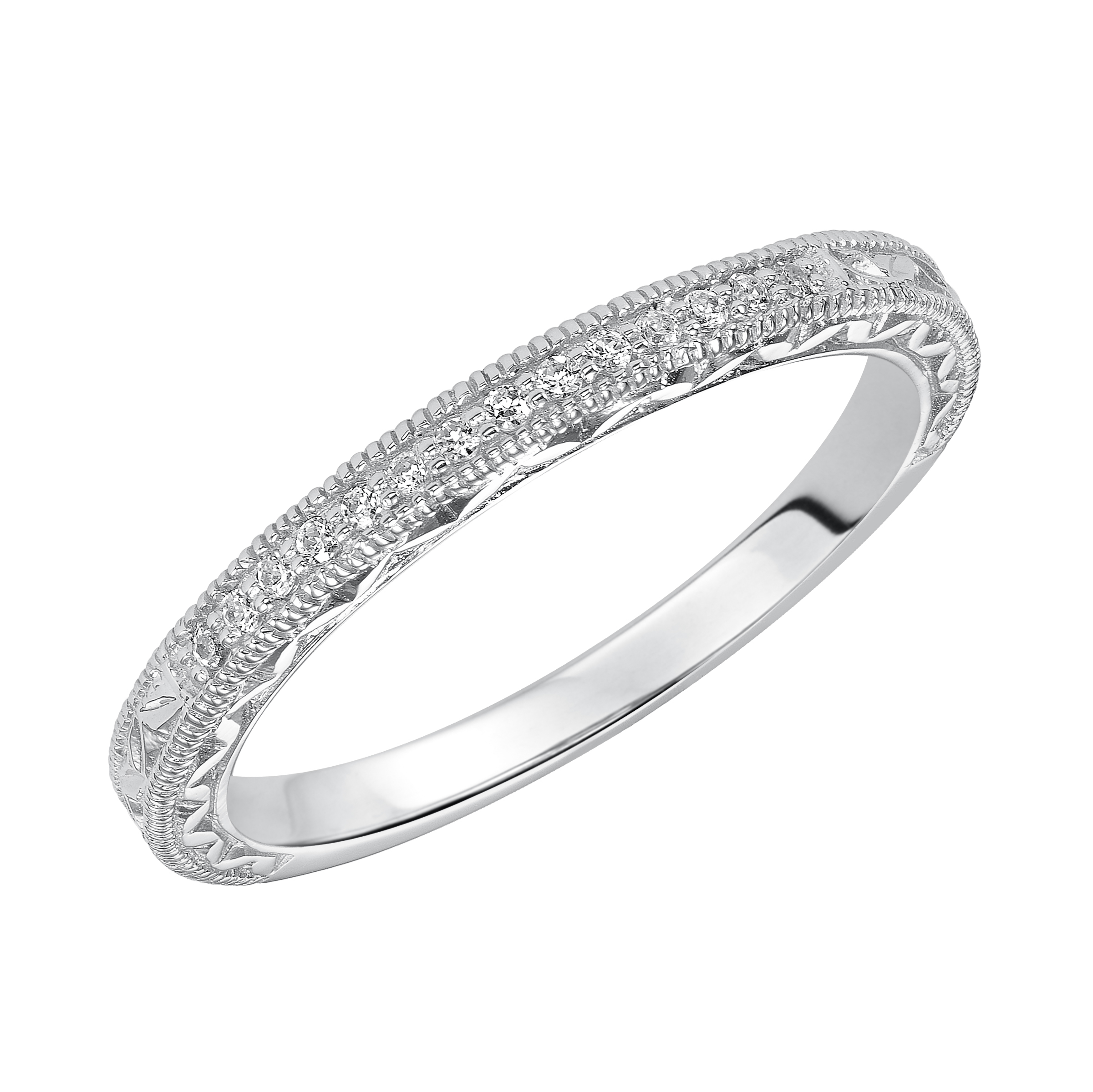 Wedding band with bead set, round diamonds, engraving and milgrain.