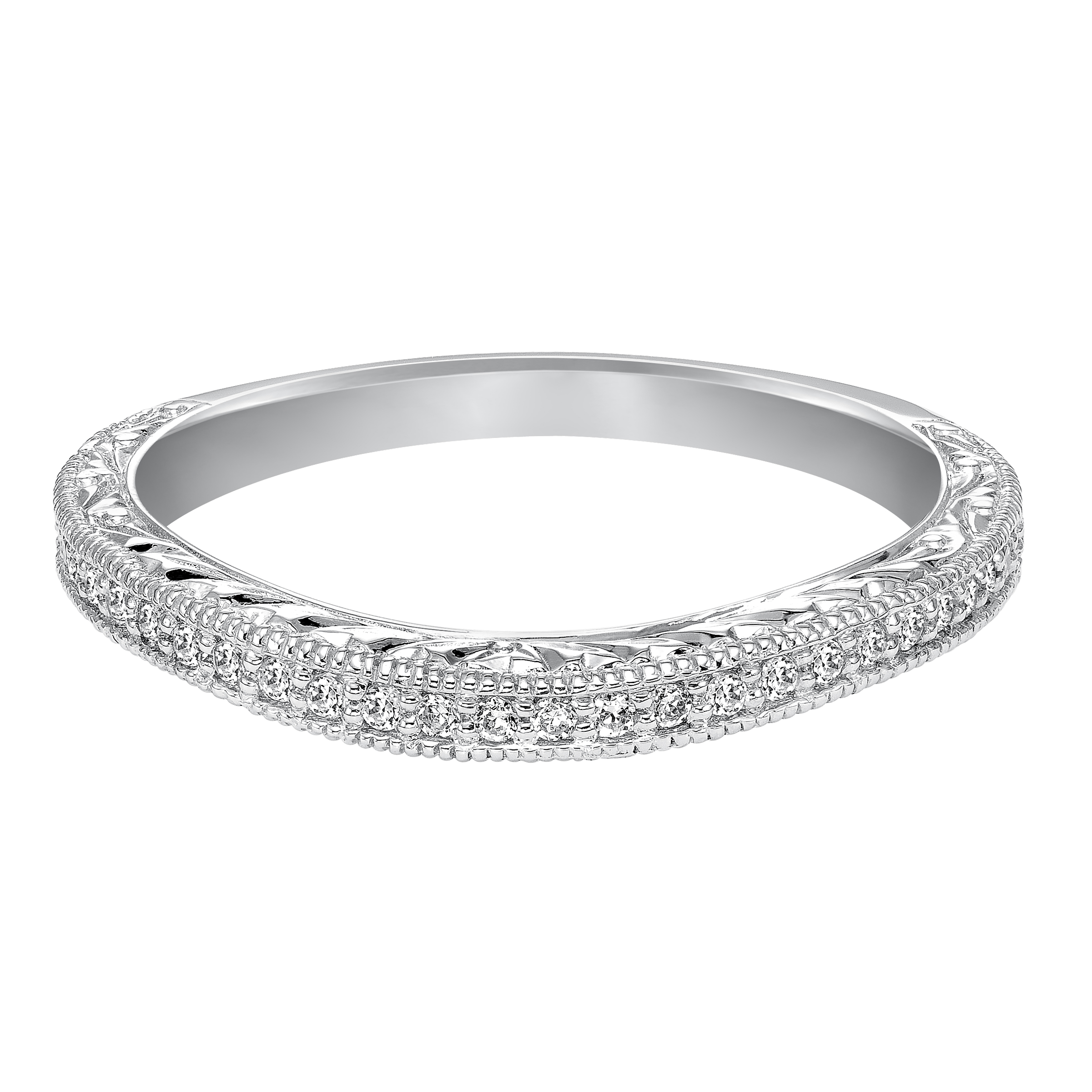 Wedding band with bead set, round diamonds, milgrain and engraved with curved design to fit flush with matching engagement ring.