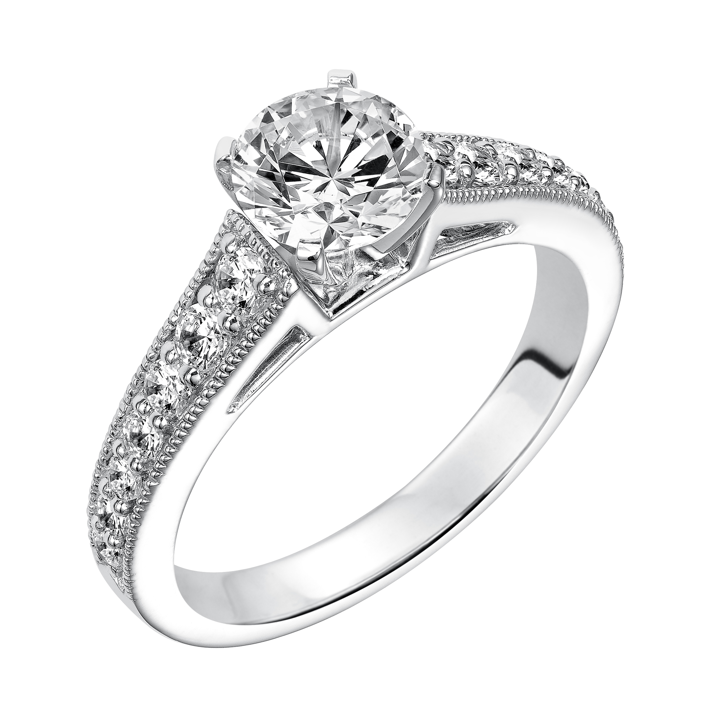 Milgrain detailing adds a touch of vintage flair and enhances this magnificent prong set diamond engagement ring setting