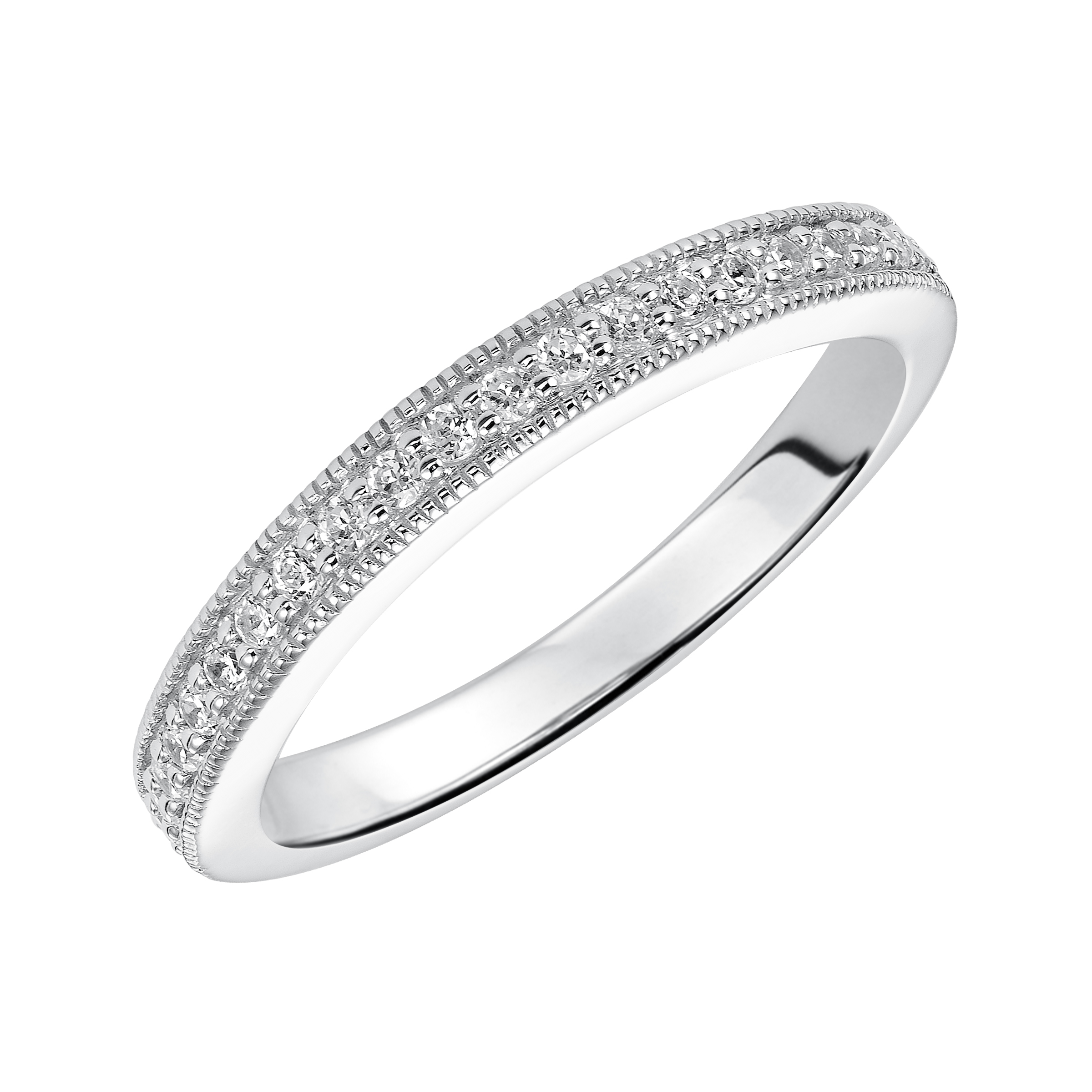 Wedding band with bead set, round diamonds and milgrain.