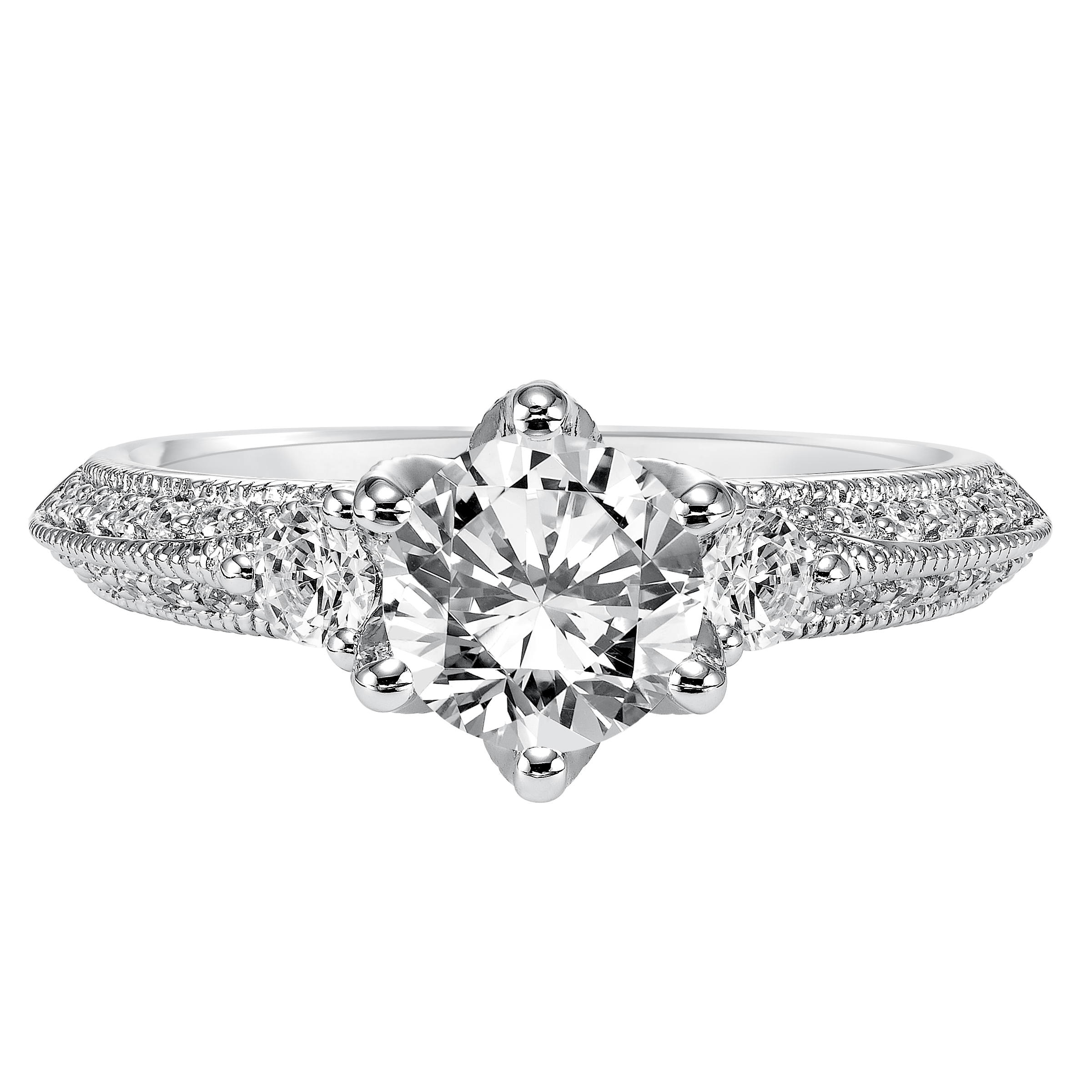 Set with six prongs, this round diamond engagement ring looks amazing with its prong set diamond band enhanced with milgrain