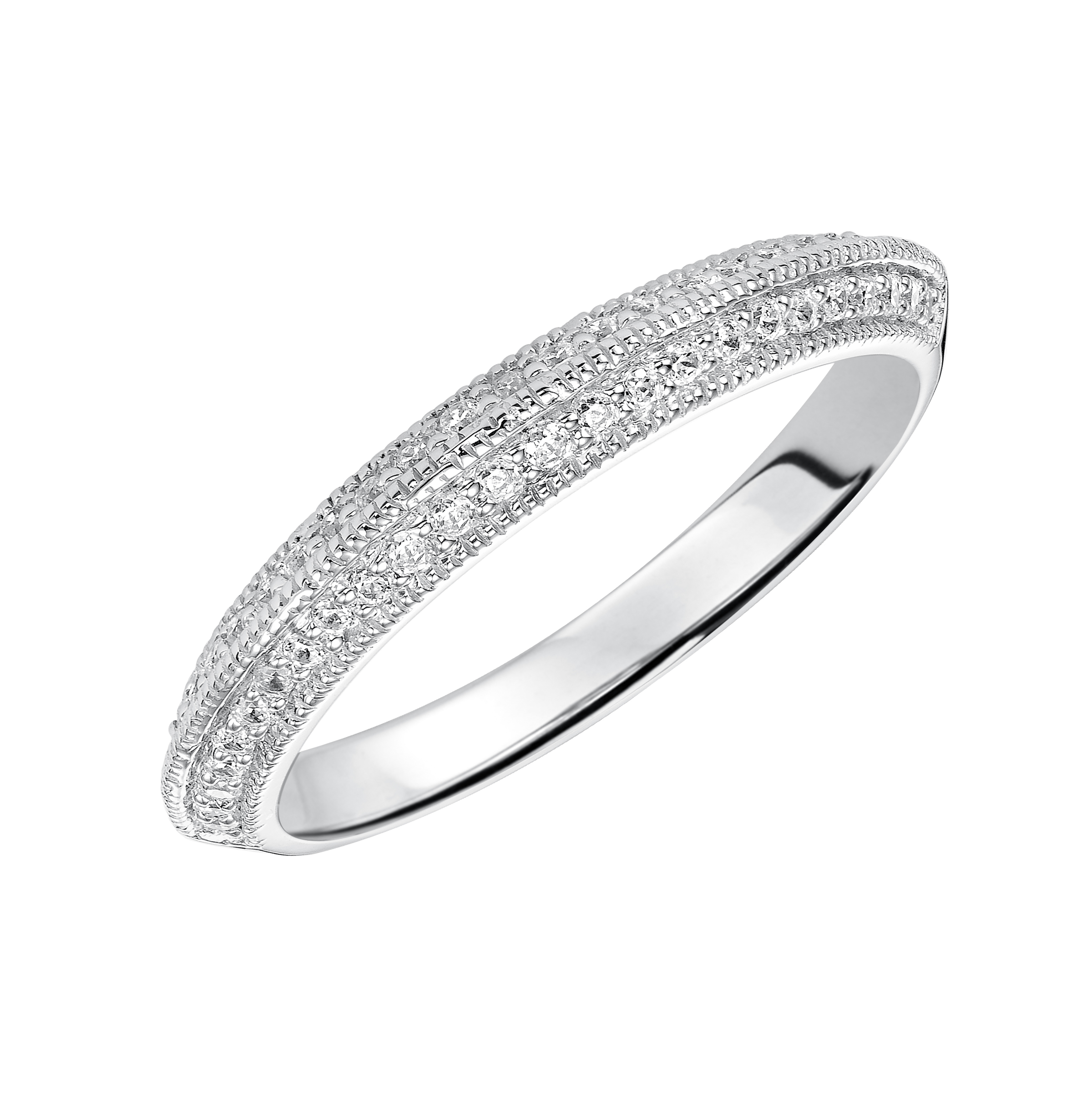 Wedding band with bead set, round diamonds and milgrain enhanced, knife-edge shank.