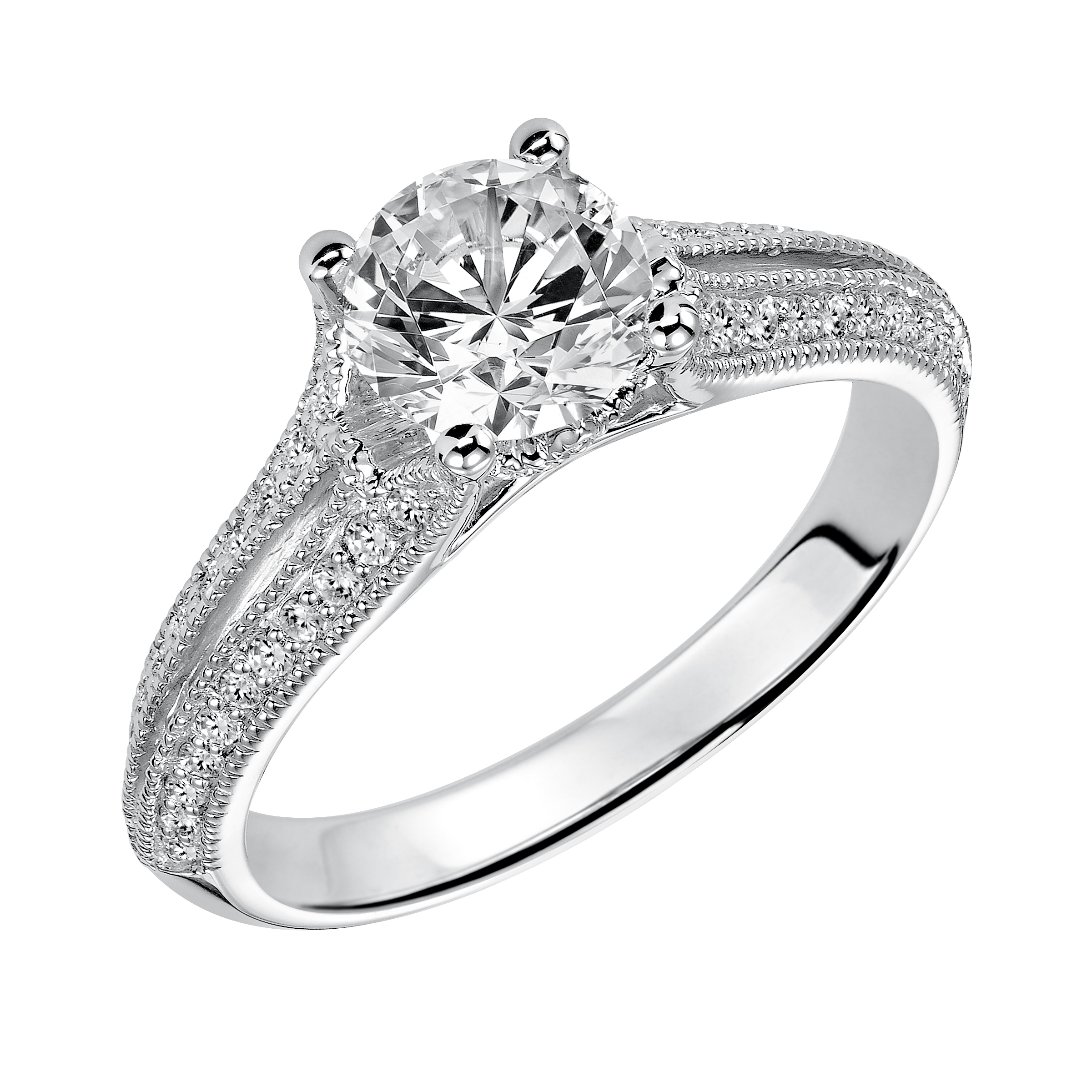 Classic heirloom style inspired this engagement ring with its prong set diamond split band with milgrain