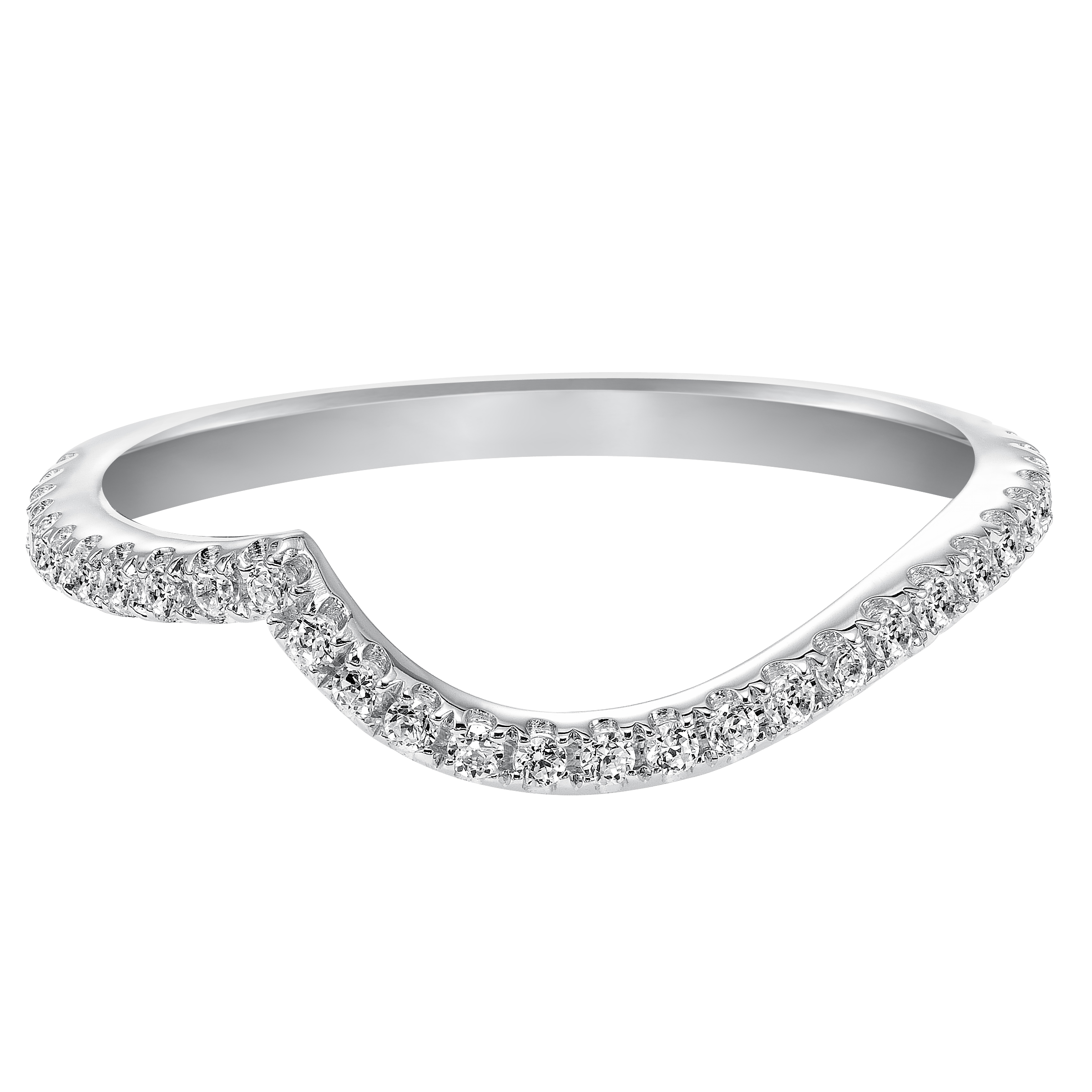 Wedding band with pave set, round diamonds and curved to fit flush with matching engagement ring.