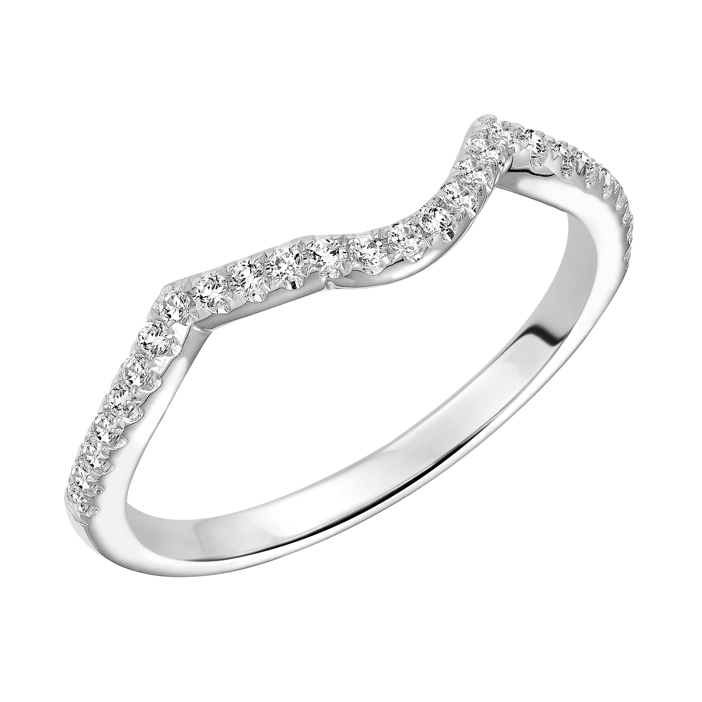 Wedding band with pave set, round diamonds and curved to fit flush with matching engagement ring.