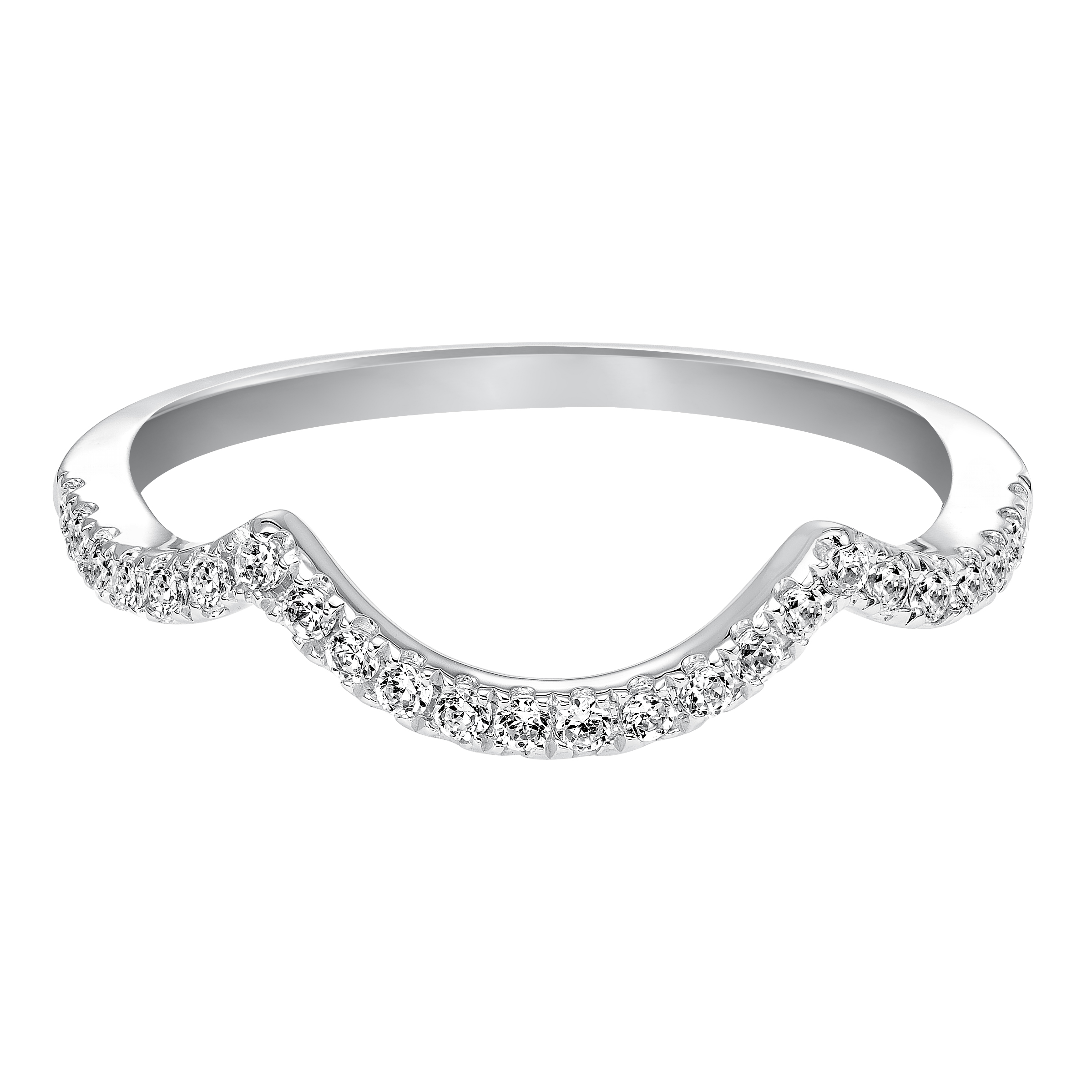 Wedding band with pave set, round diamonds and curved to fit flush with matching engagement ring.