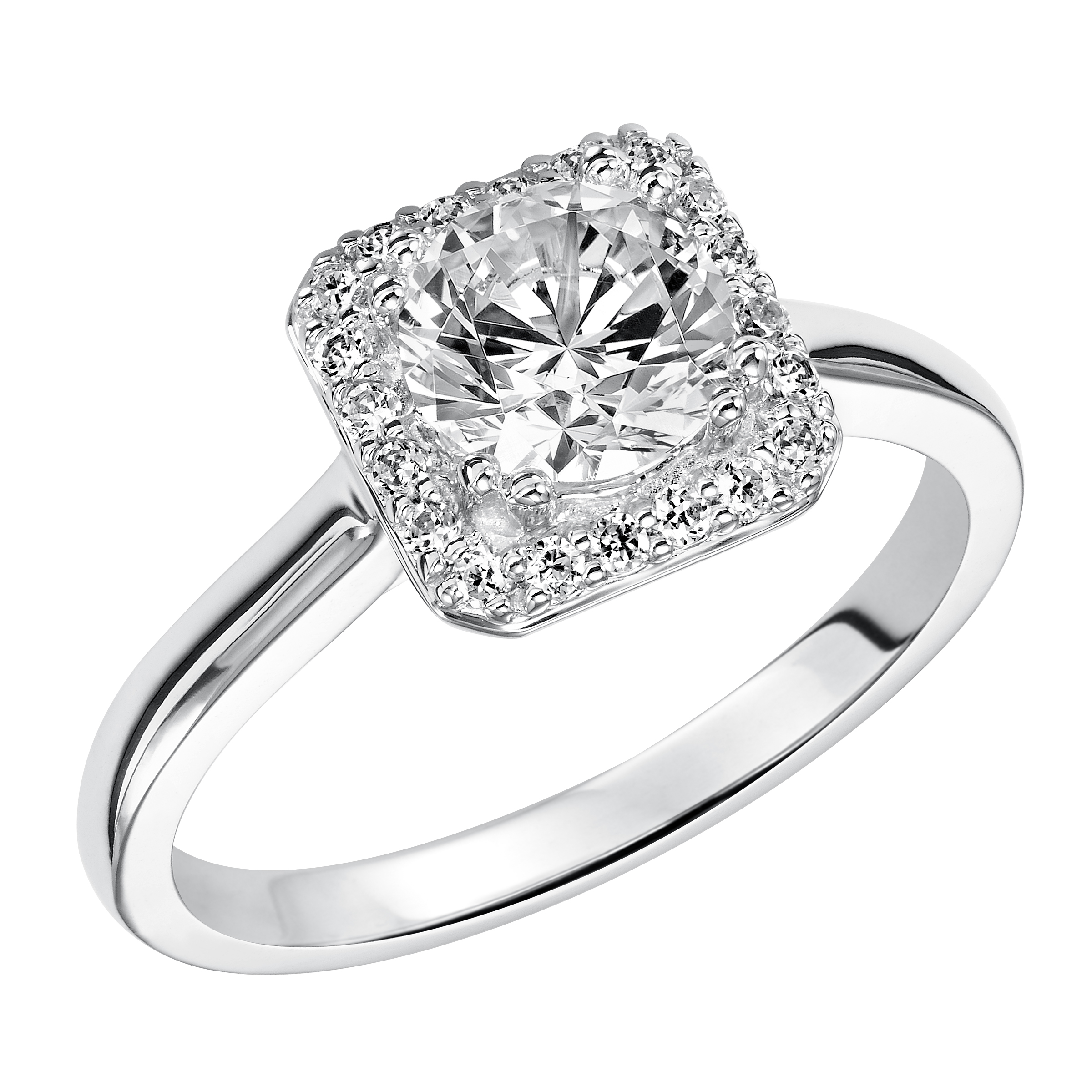 Sophisticated and elegant, this brilliant round diamond is accentuated by a square diamond prong set halo and high polished band