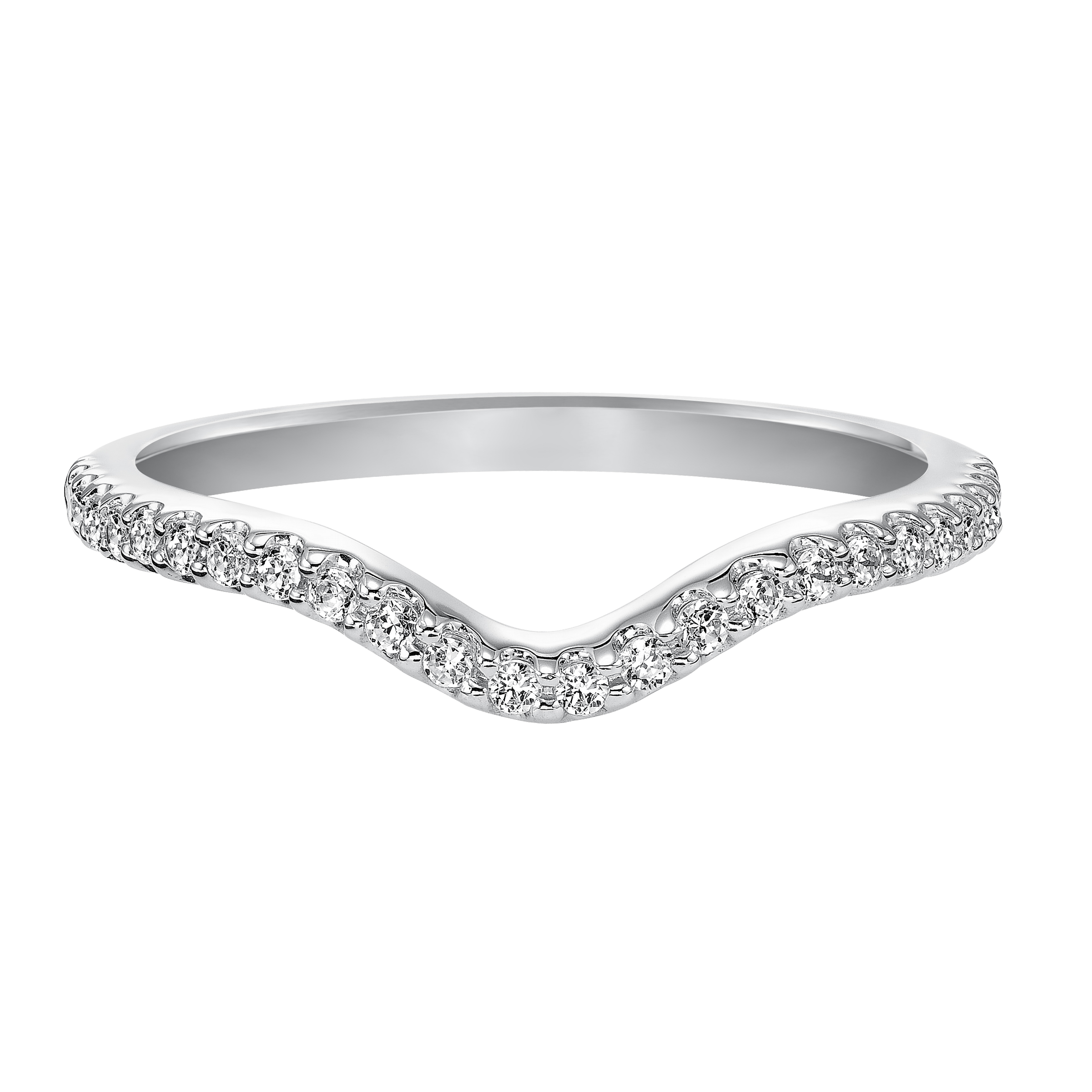 Wedding band with prong set, round diamonds and curved to fit flush with matching engagement ring.