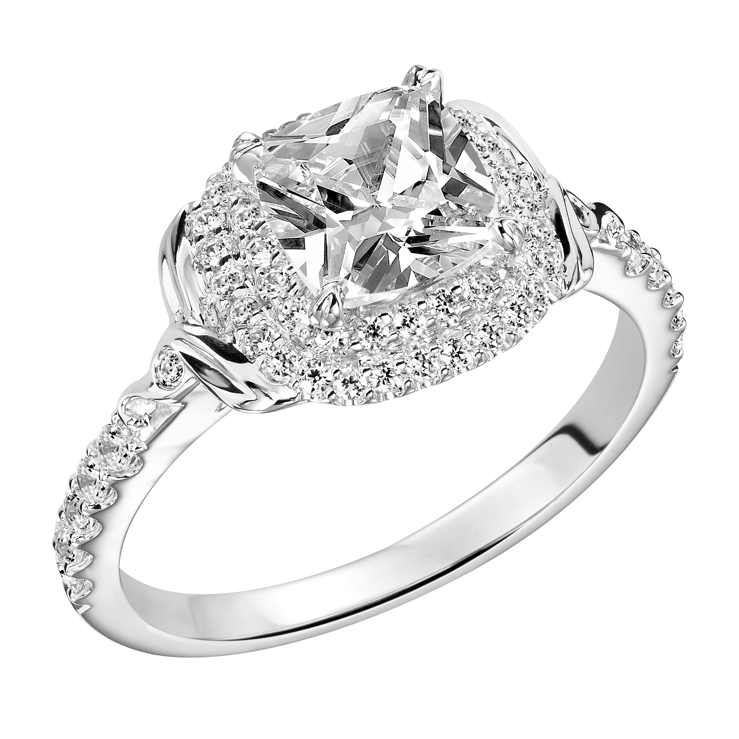 This cushion cut engagement ring is a show-stopper with its two-row diamond prong set halo, high polished accents and delicate prong set diamond band