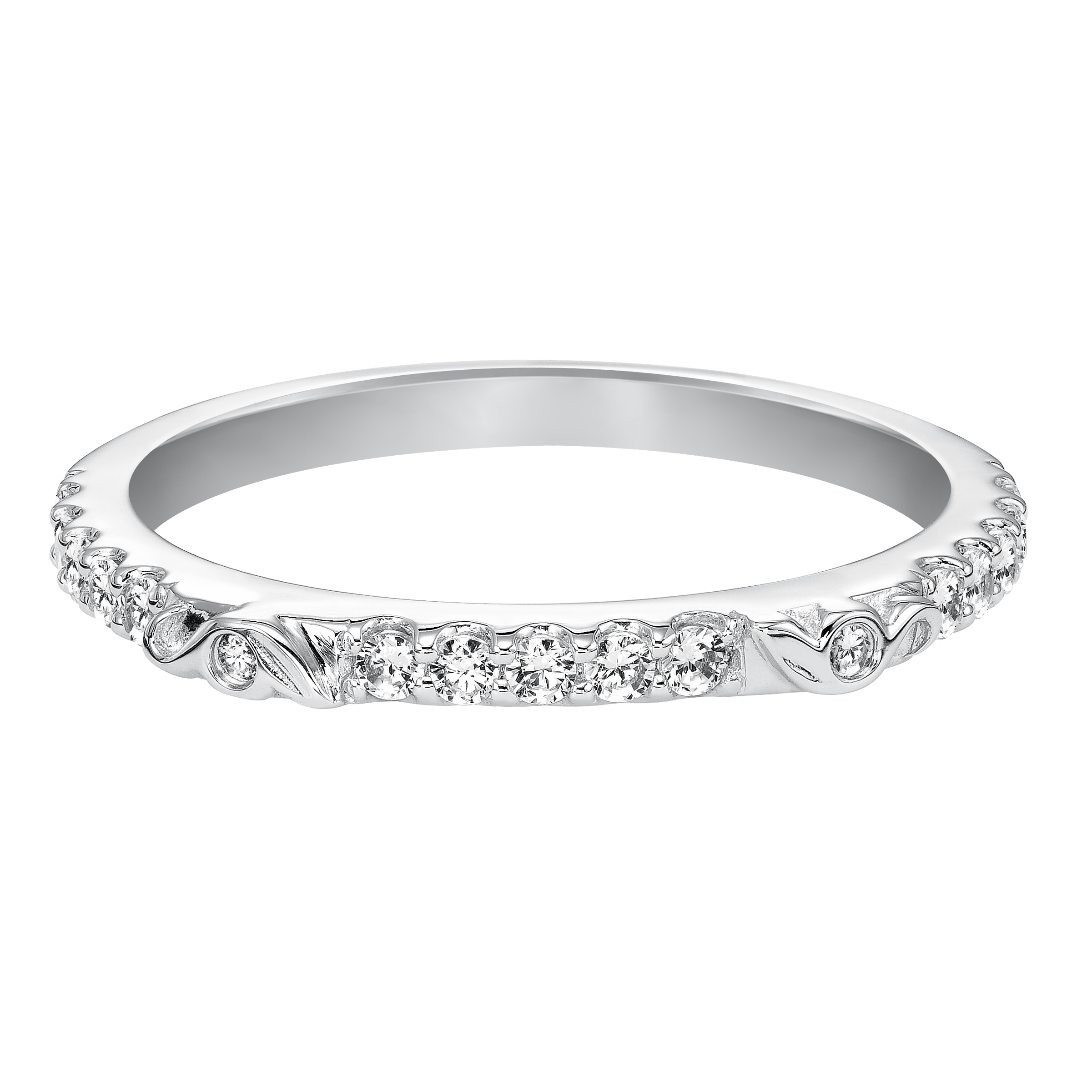 Wedding band with prong set, round diamonds and designed to fit flush with matching engagement ring.