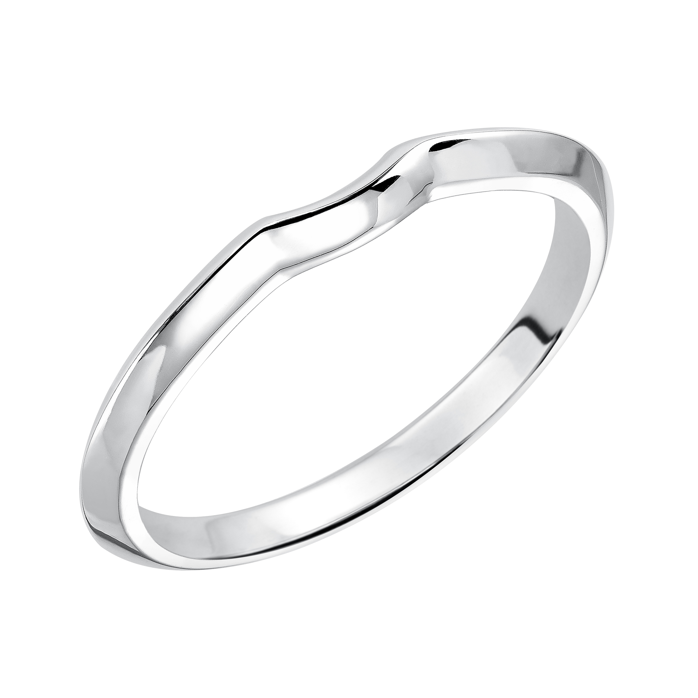 Wedding band with high polished, knife-edge shank designed to fit flush with matching engagement ring.