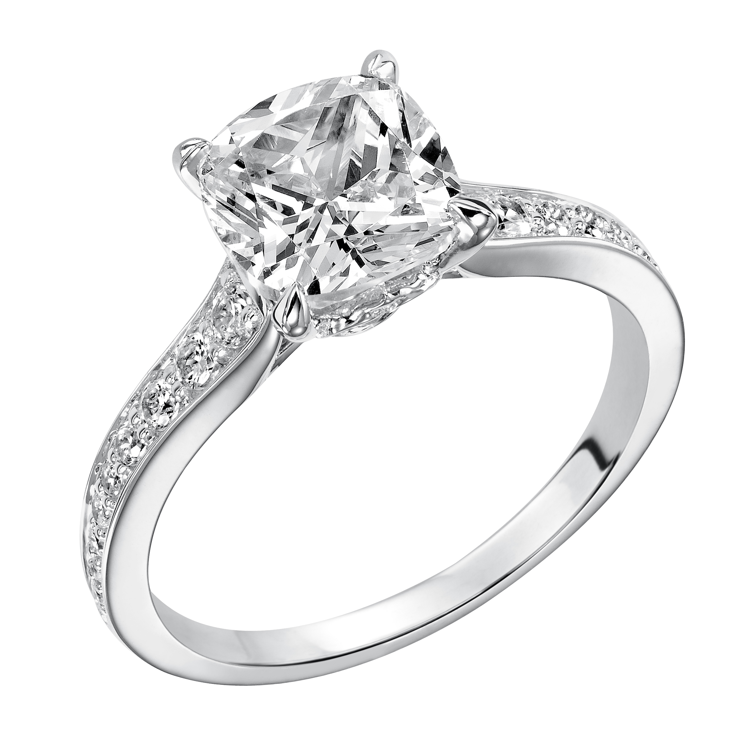 This cushion cut engagement ring is gracefully accentuated by a classic diamond prong set band