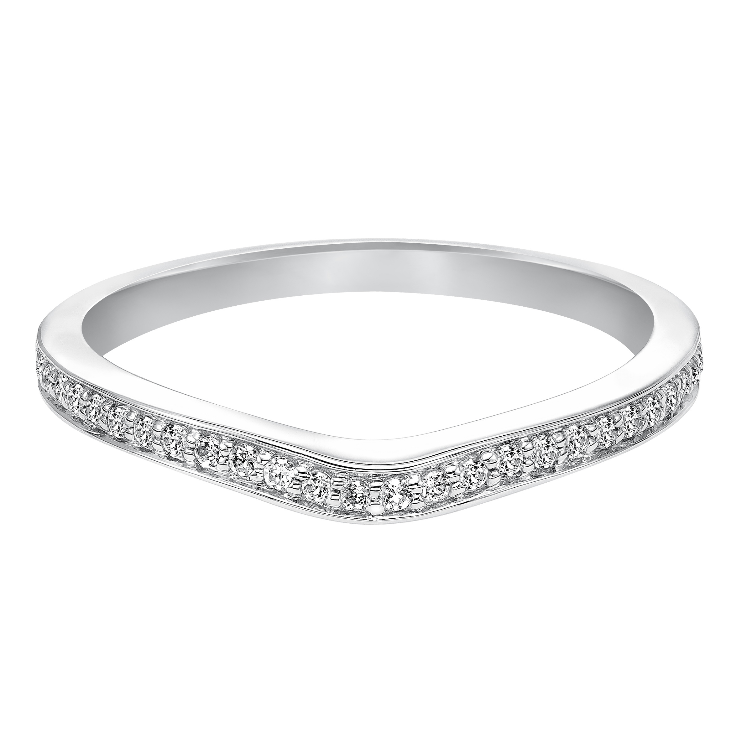Wedding band with bead set, round diamonds and curved design to fit flush with matching engagement ring.