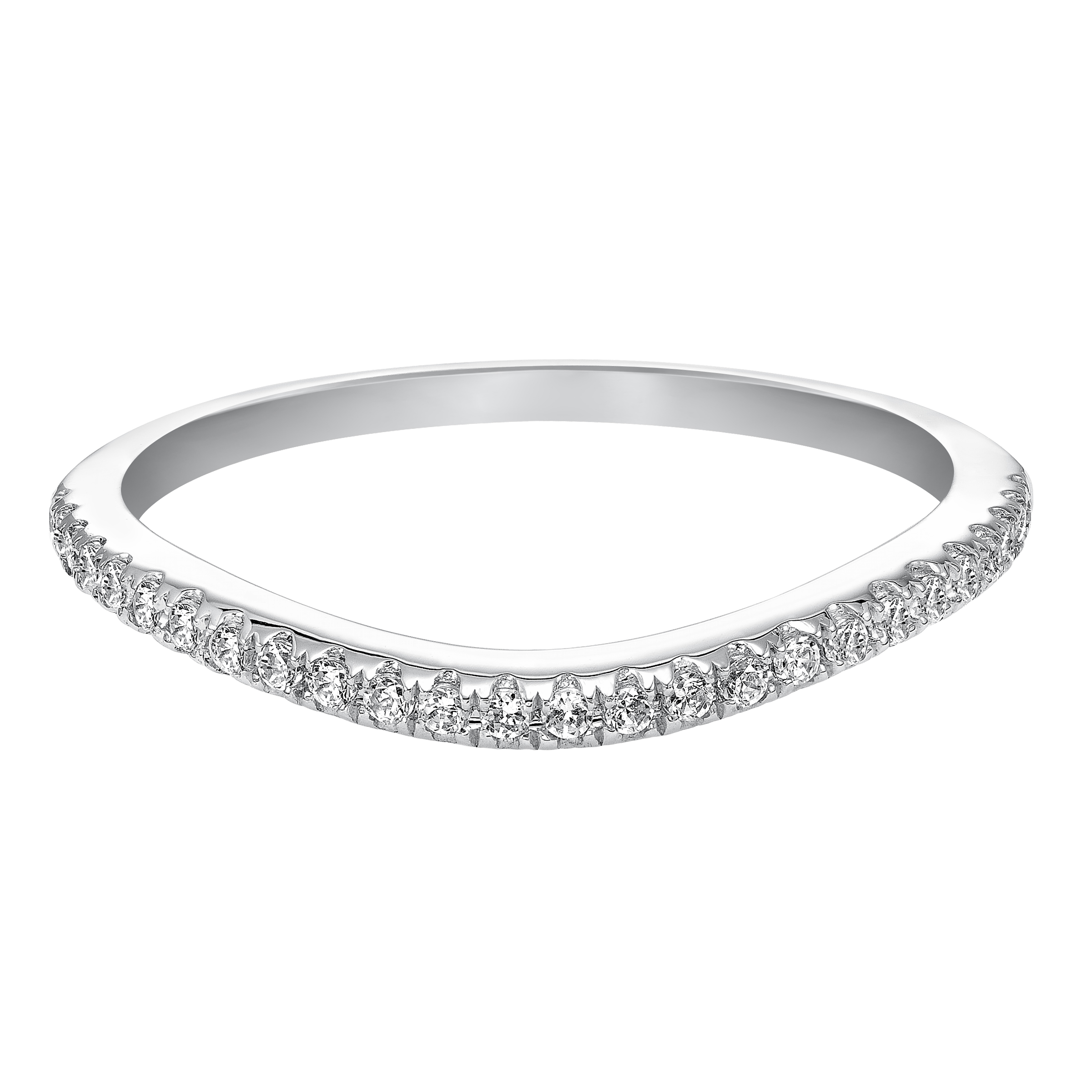 Wedding band with pave set, round diamonds and curved to fit flush with matching engagement ring.
