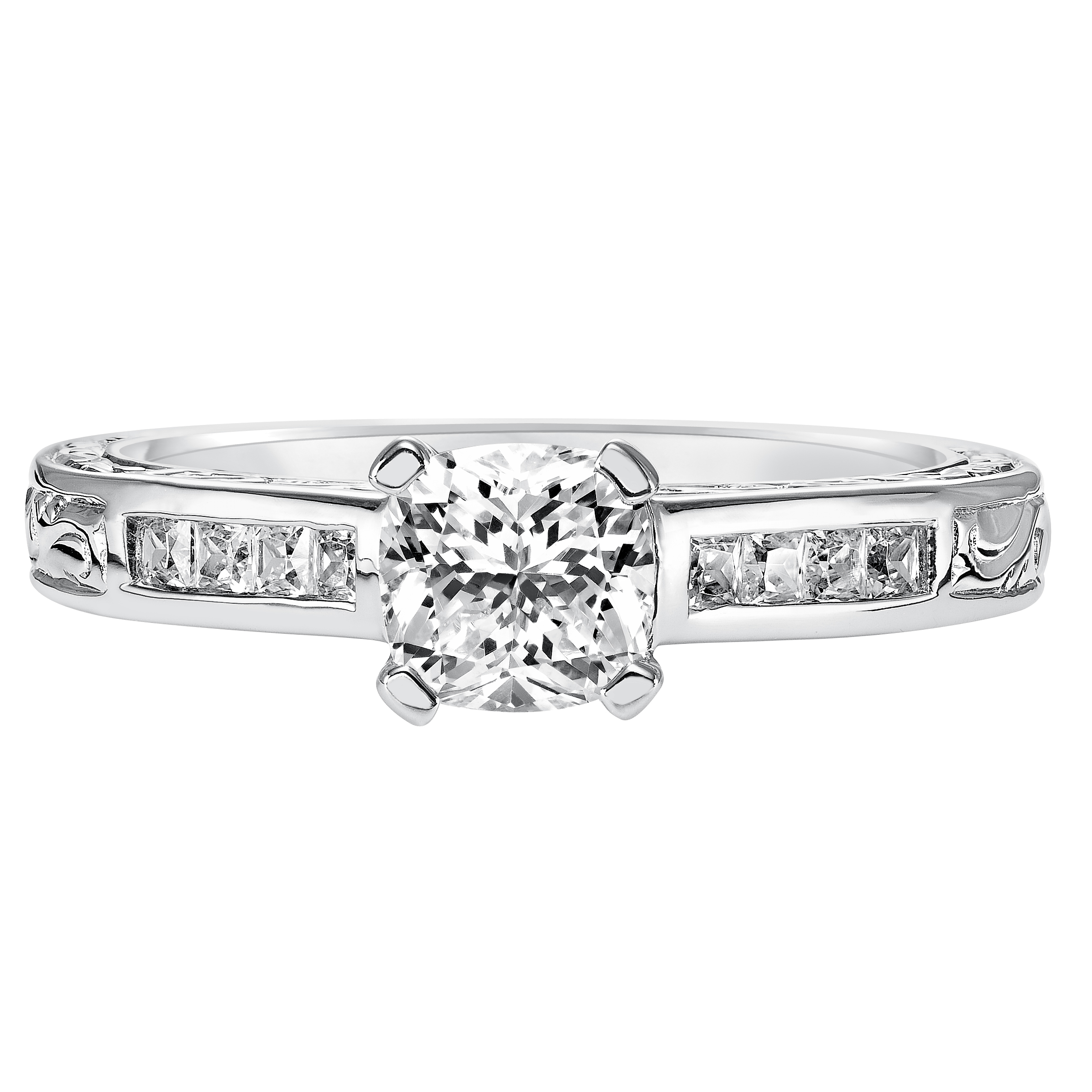 This gorgeous cushion cut diamond is accentuated by a sophisticated channel set diamond band, with delicate filigree and engraving