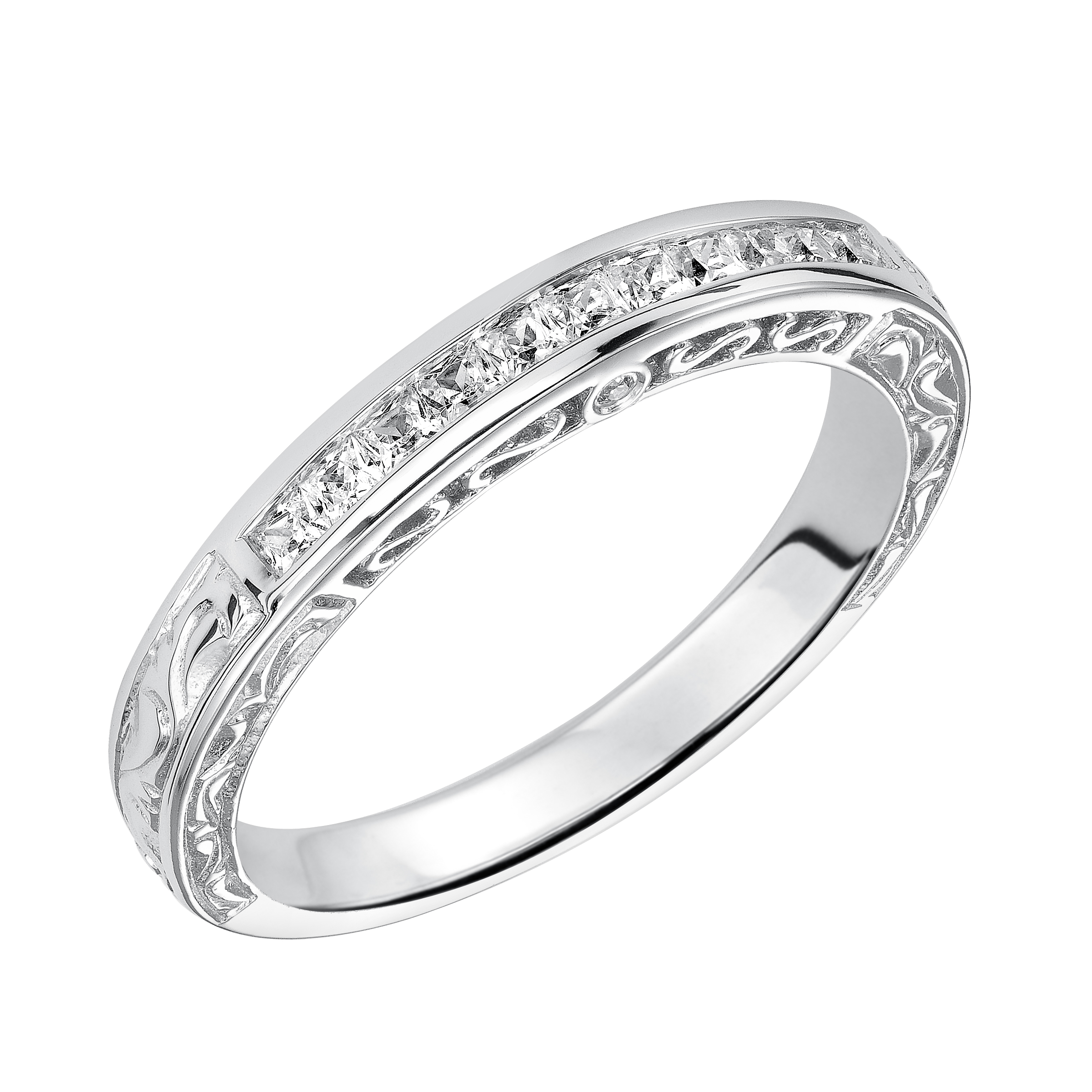 Wedding band with channel set, princess cut diamonds and engraved design.