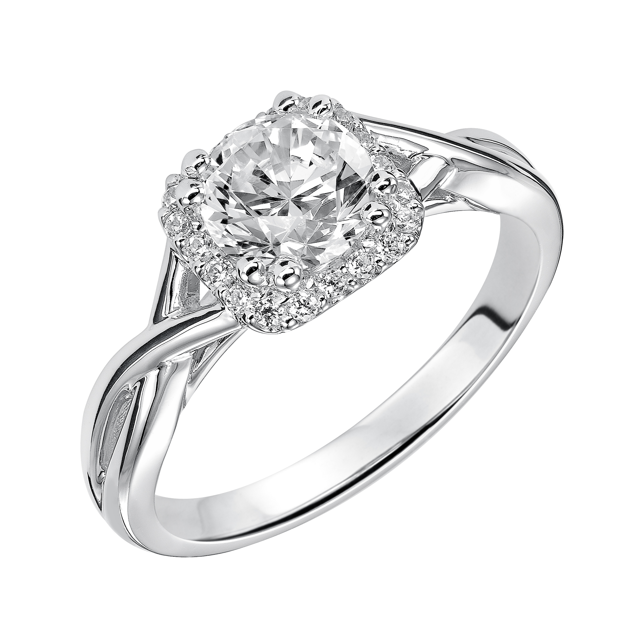 Beautiful and timeless, this round diamond engagement ring features a delicate prong set diamond halo and high polished ribbon-inspired band