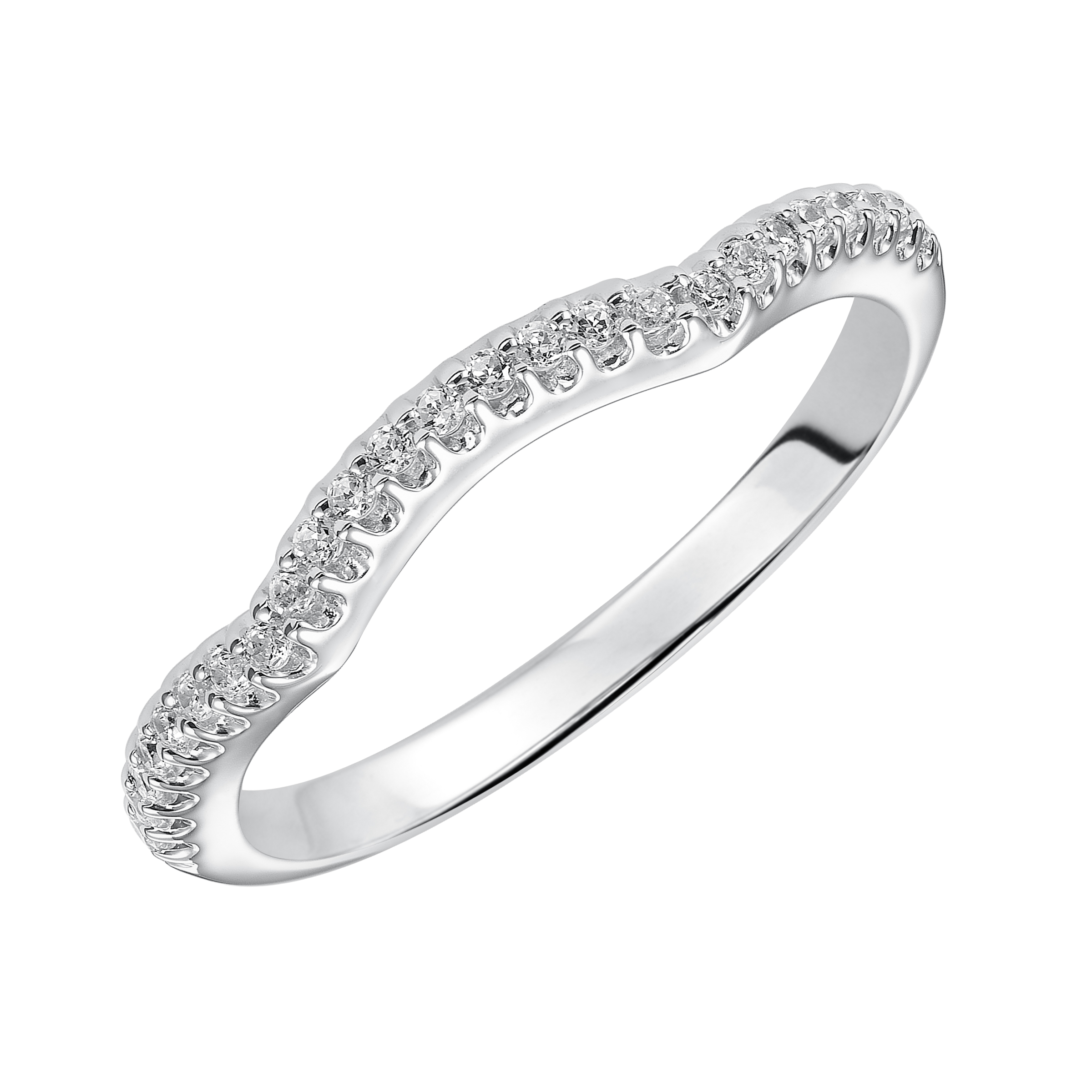 Wedding band with prong set, round diamonds and designed to fit flush with matching engagement ring.