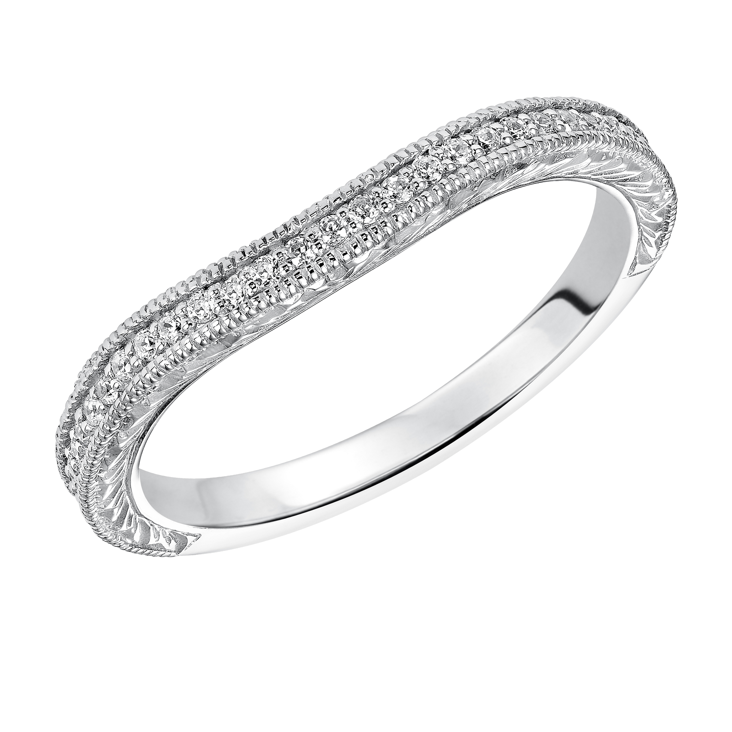 Wedding band with bead set, round diamonds, milgrain and engraving designed to fit flush with matching engagement ring.