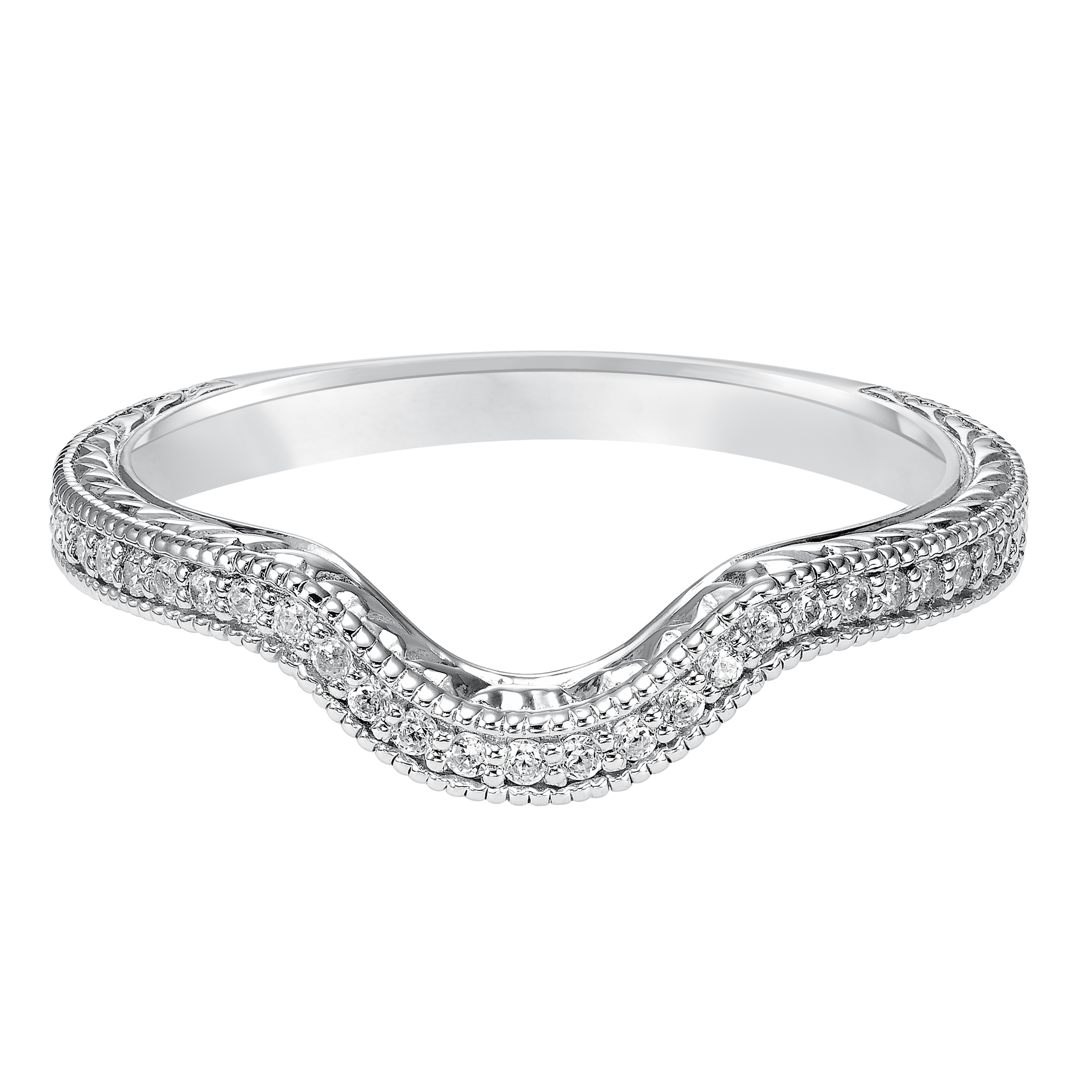 Wedding band with bead set, round diamonds, milgrain and engraving designed to fit flush with matching engagement ring.