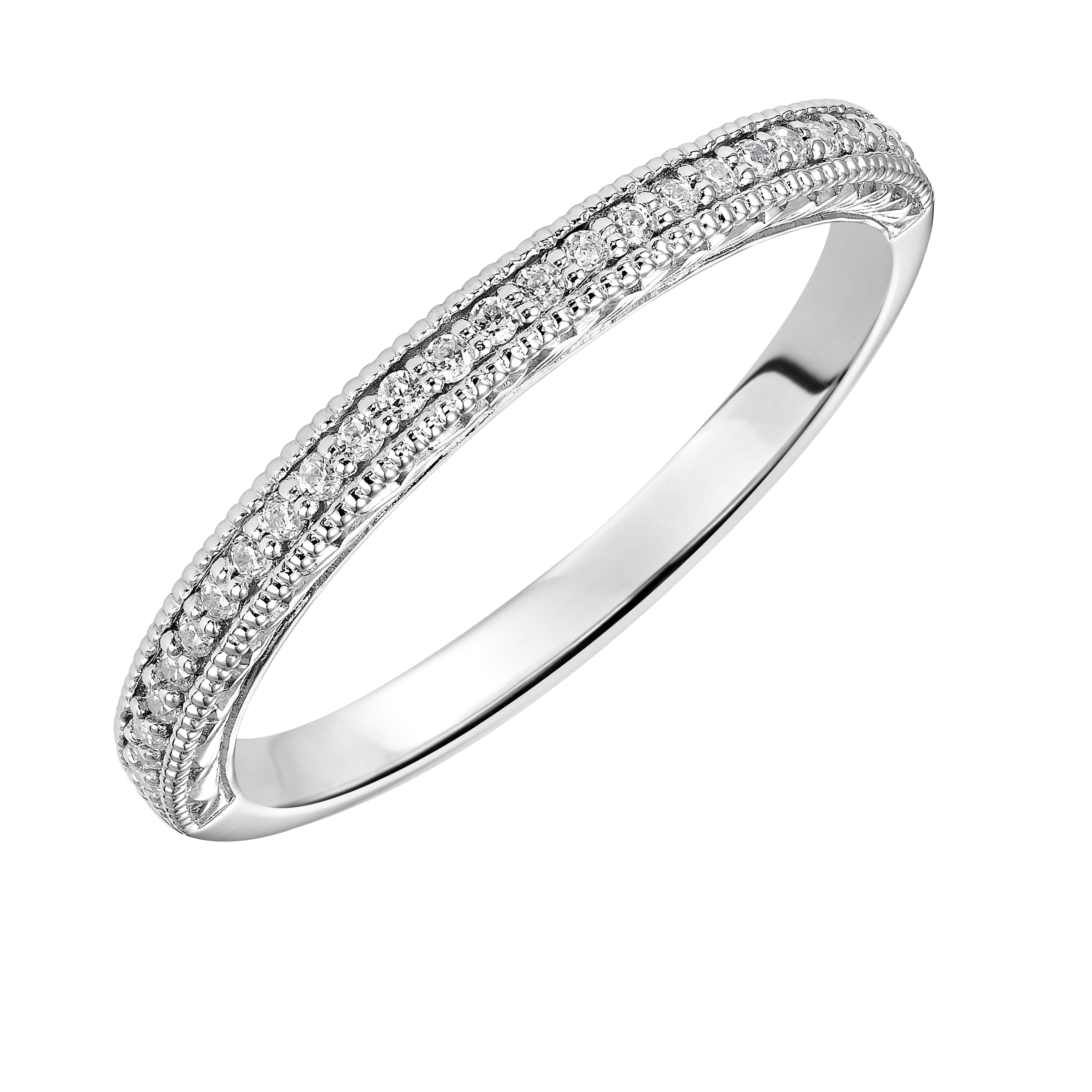 Wedding band with bead set, round diamonds, engraving and milgrain.