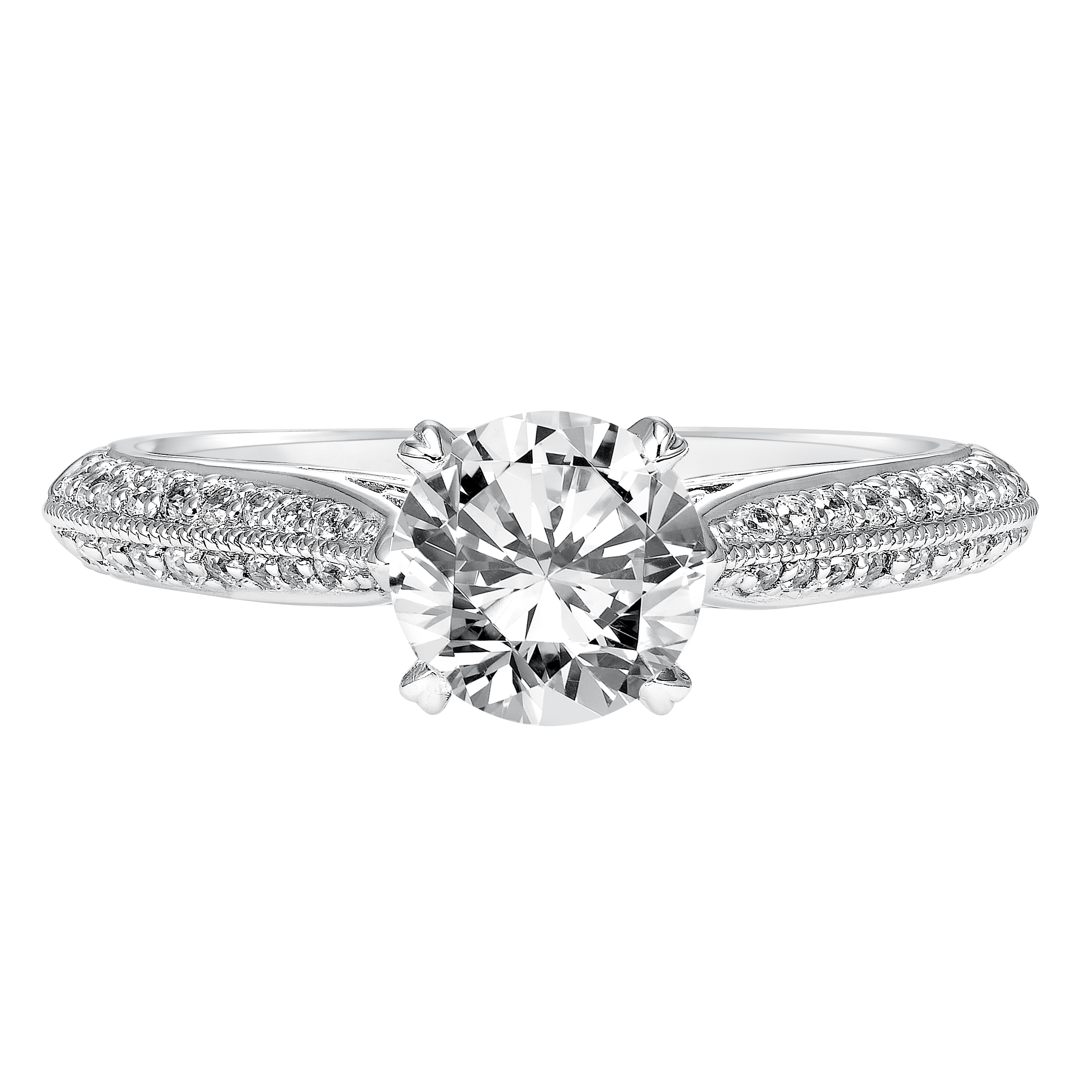 Graceful and elegant, this diamond engagement ring features a delicate diamond prong set band with milgrain details and engraving