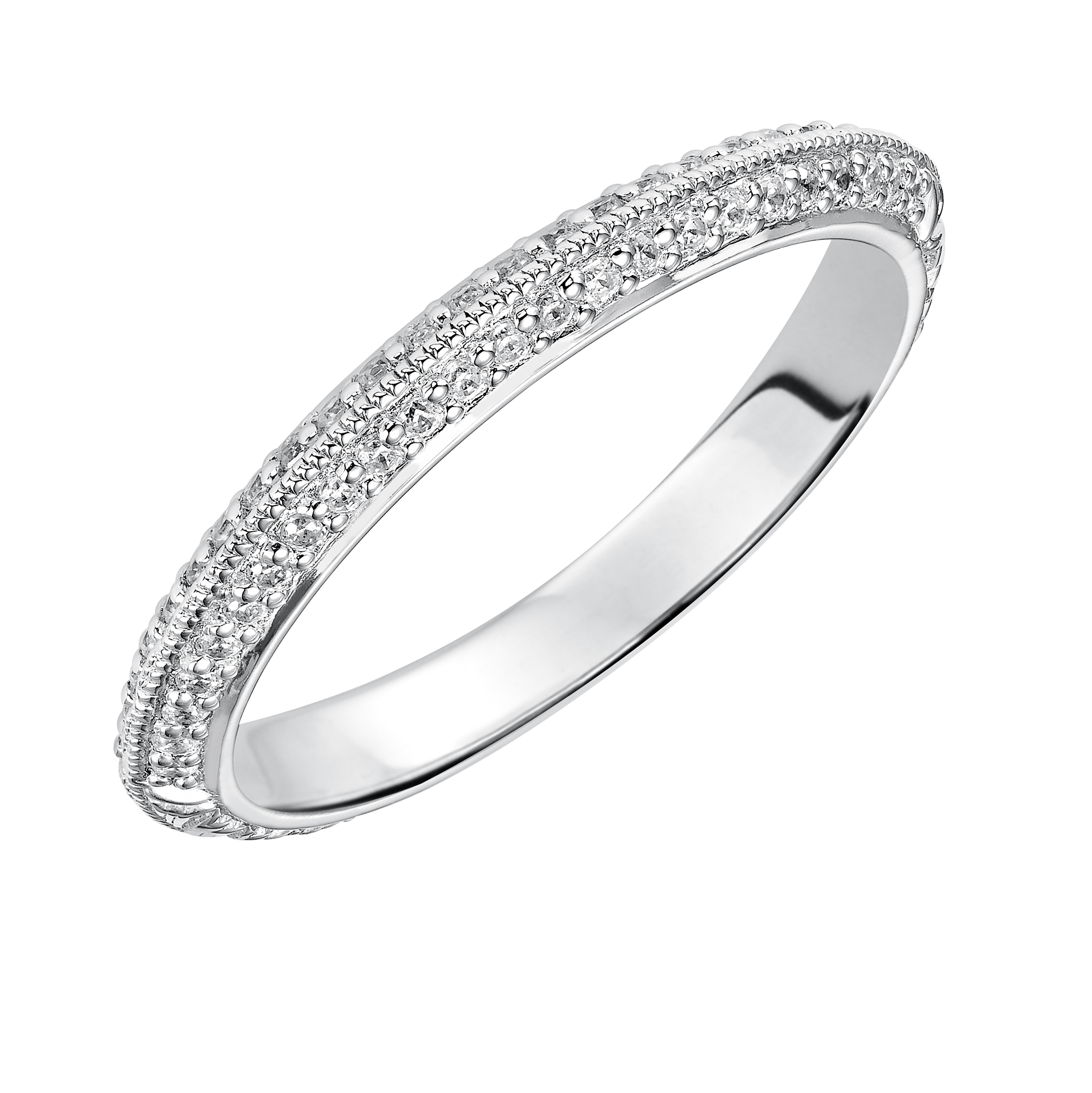 Wedding band with bead set, round diamonds and milgrain enhanced knife-edge design.