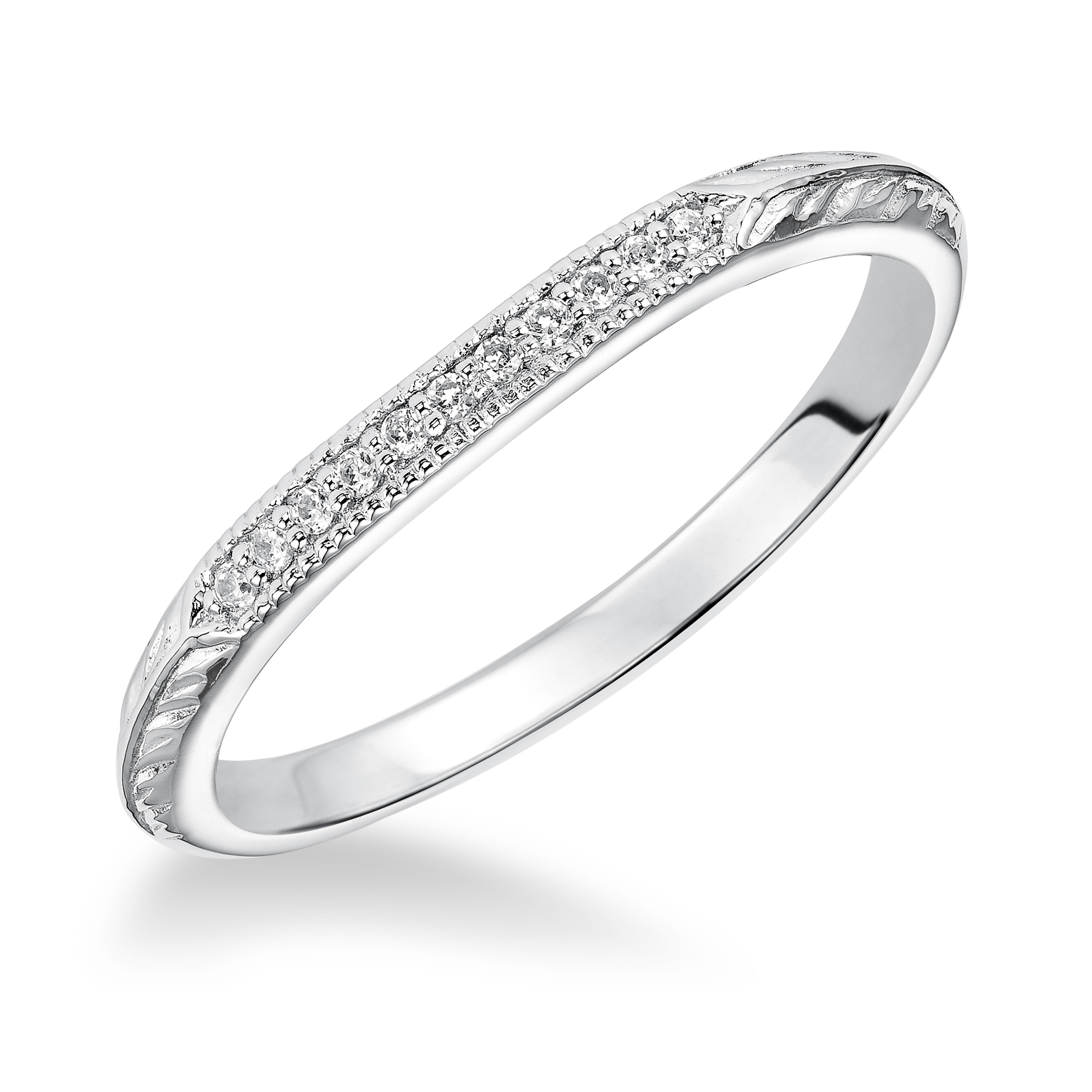 Wedding band with diamond enhanced, milgrain and engraved knife-edge design.