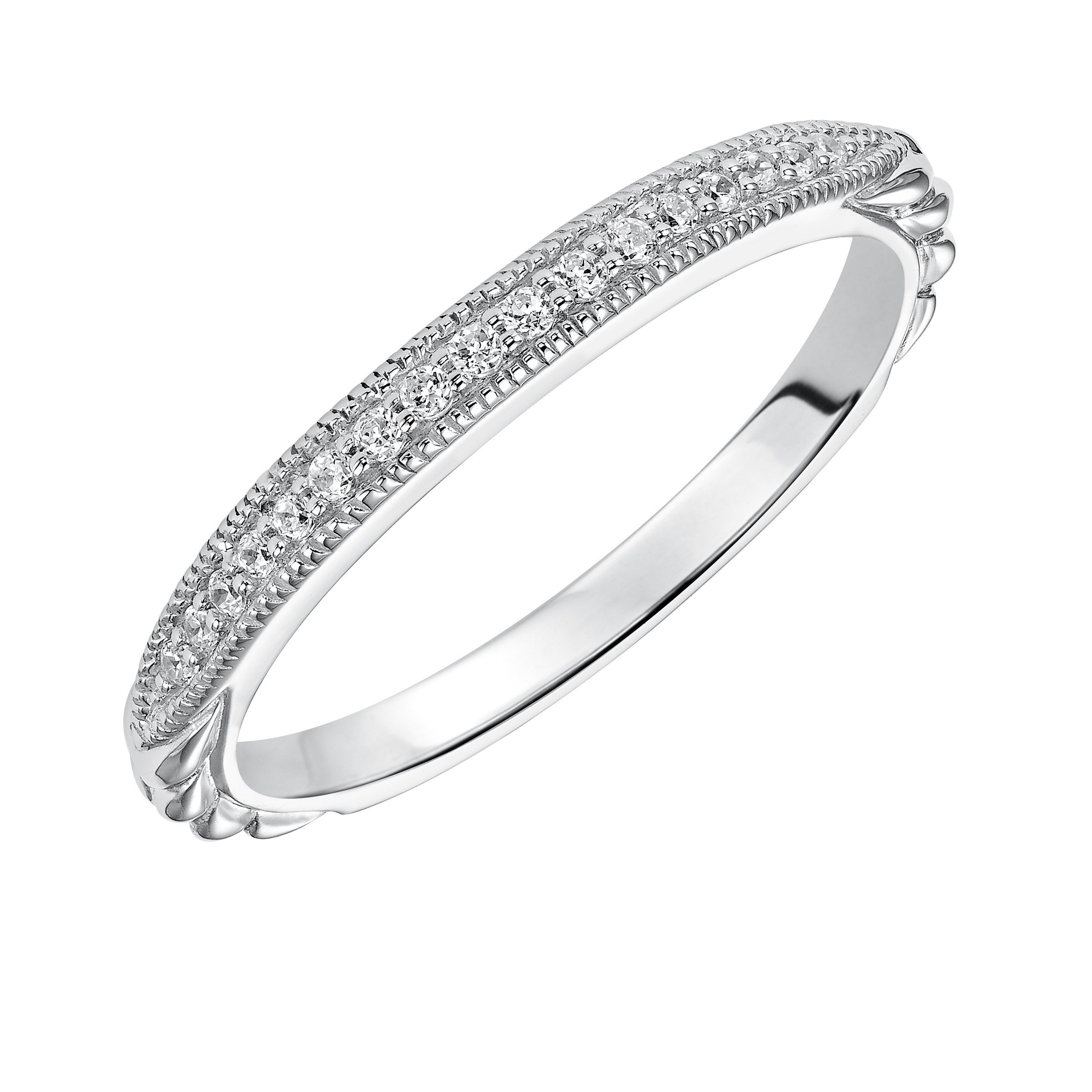 Wedding band with diamond enhanced, milgrain and engraved design.