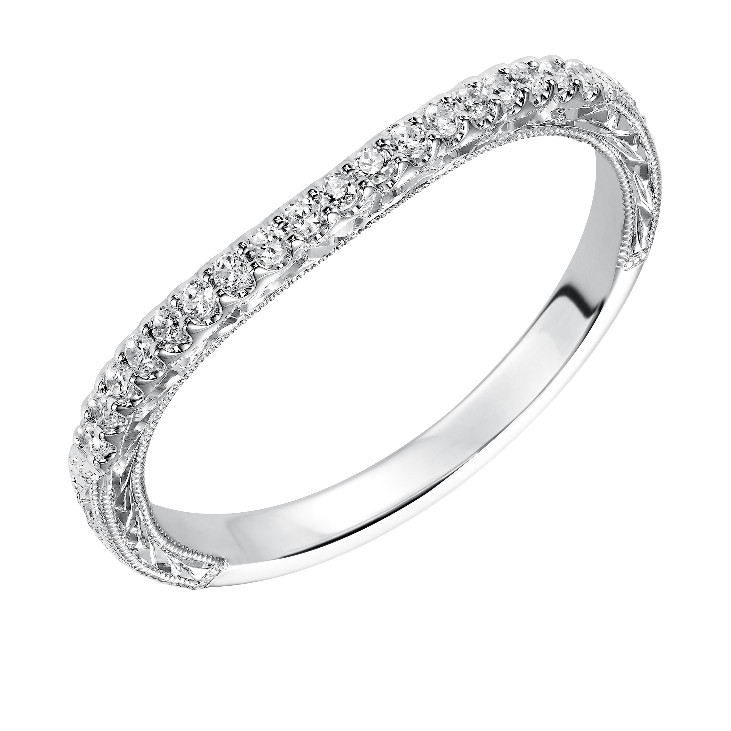 Wedding band with prong set, round diamonds and engraved design.