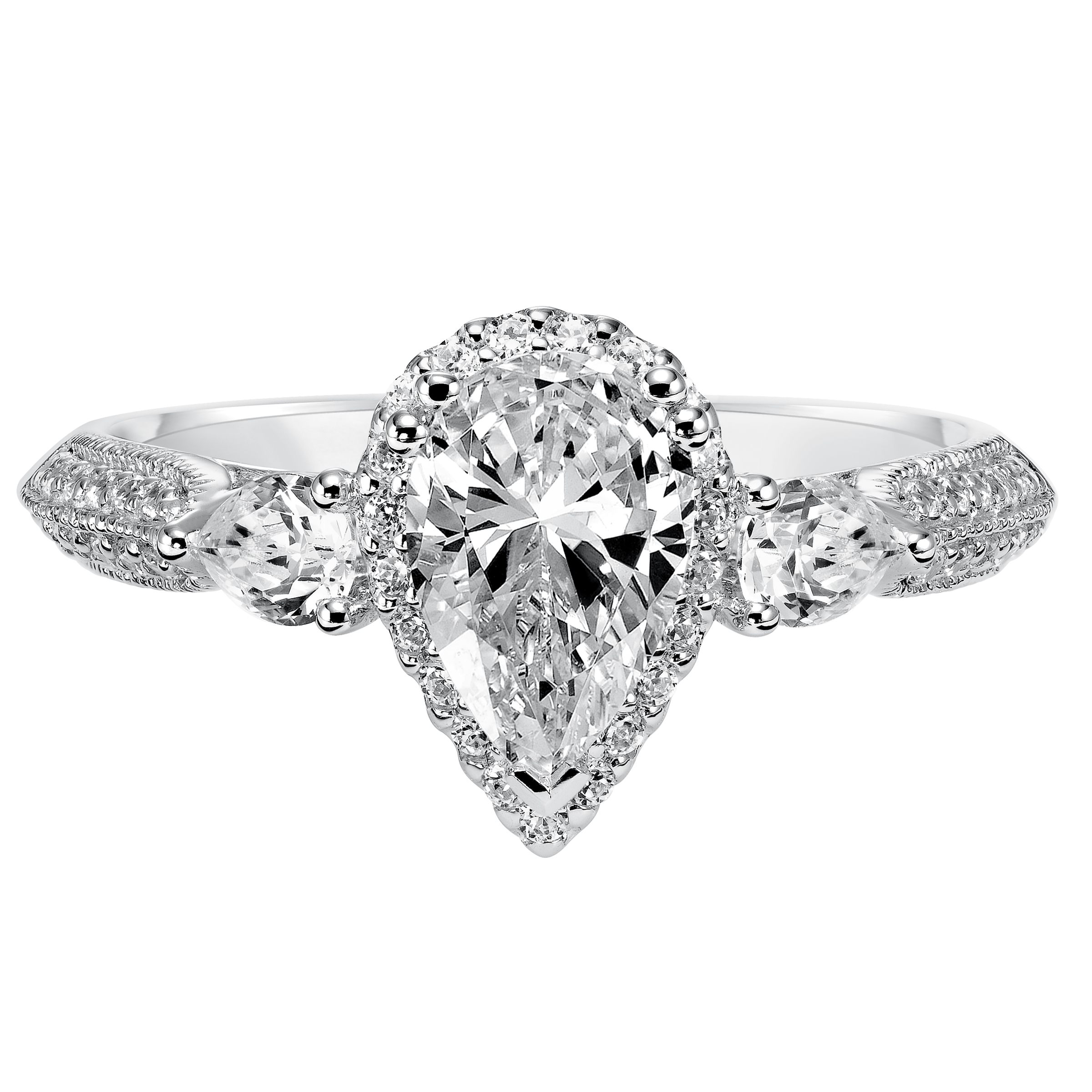 Old Hollywood glamour is infused into the design of this 3-stone pear cut diamond engagement ring with prong set diamonds and milgrain gracing the band