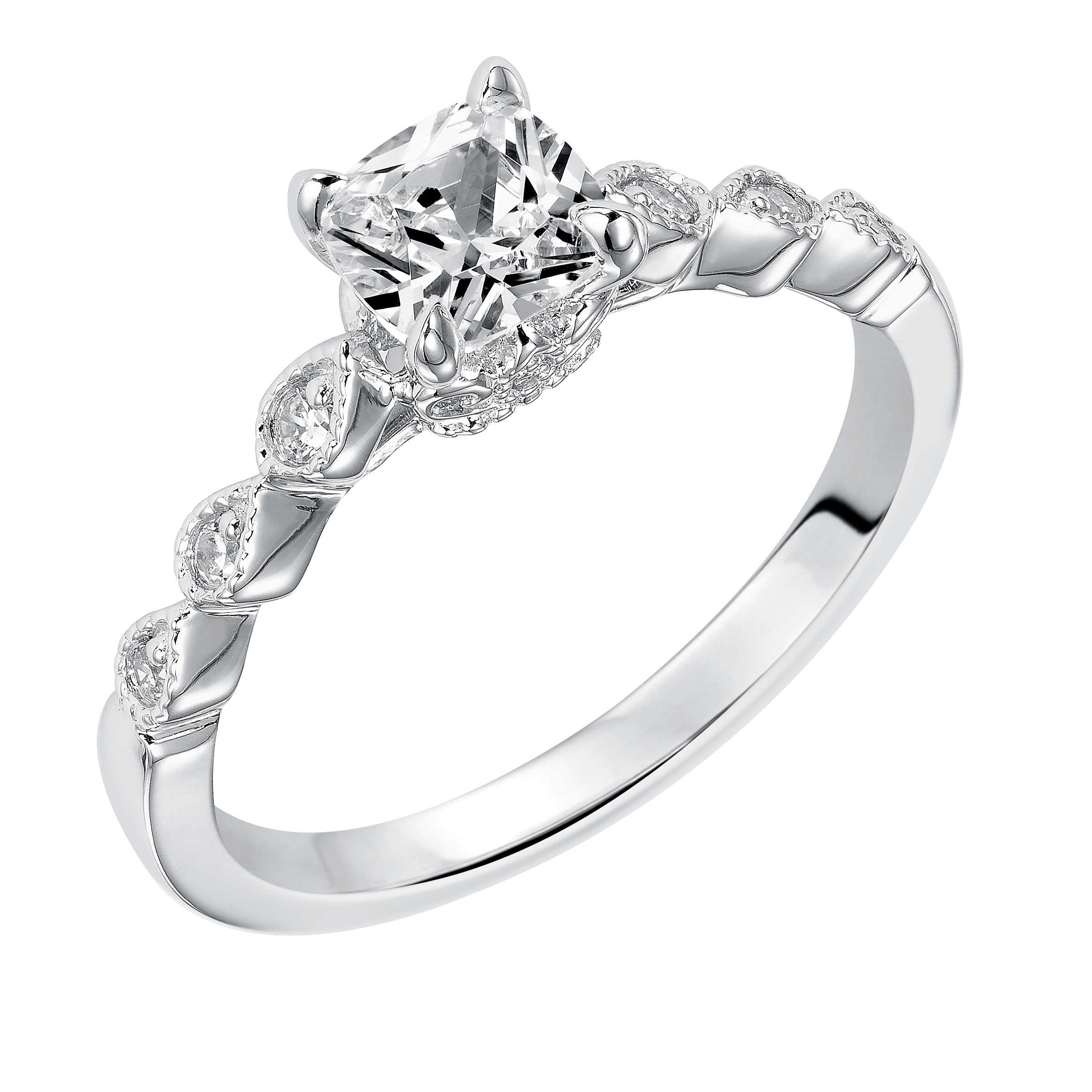 Dazzling with its intricately designed diamond band, this engagement ring is distinct yet enchanting