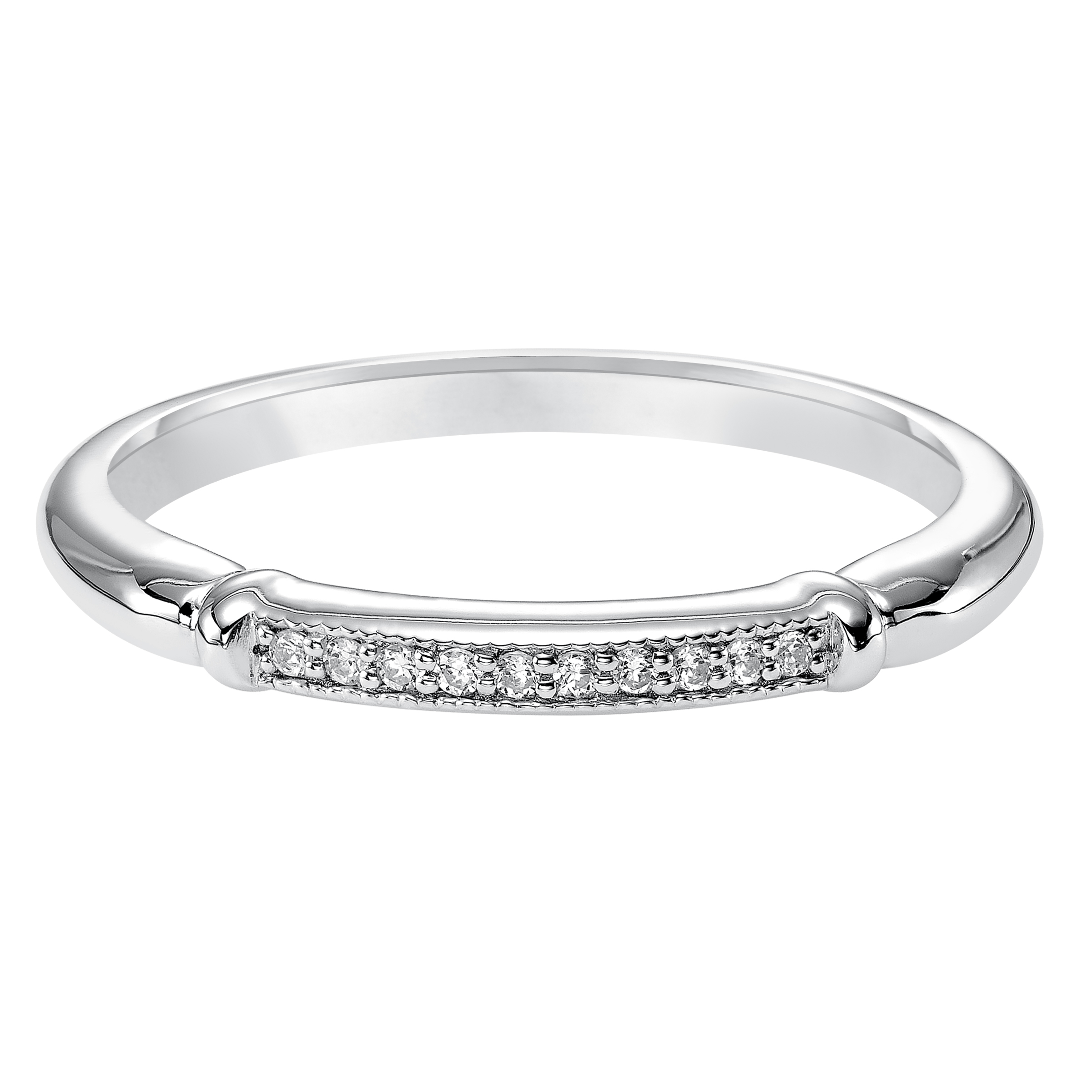 Wedding band with bead set diamonds and high polished shank.