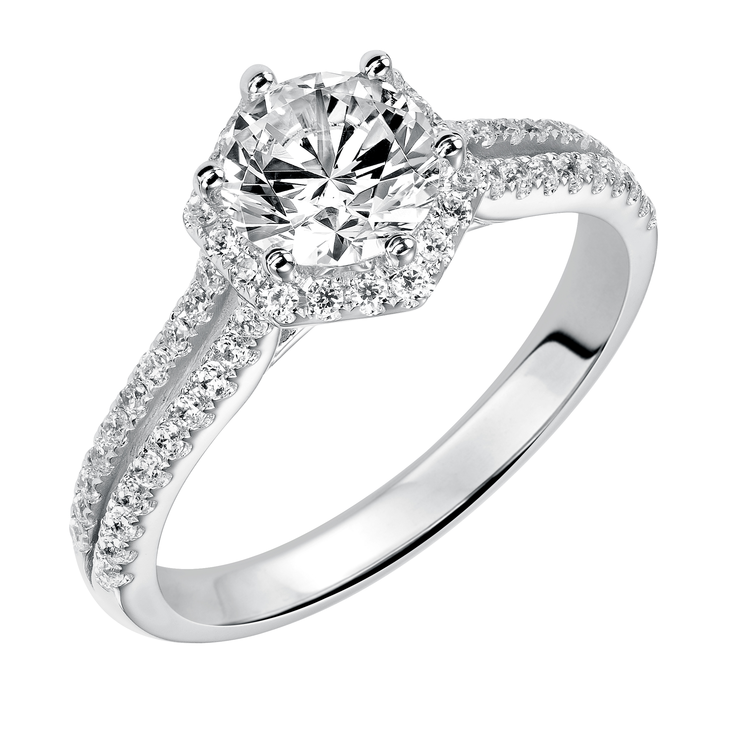 This stunning engagement ring dazzles with its prong set two-row diamond band, filigree detailing and hexagon-inspired halo which all accentuate the center stone brilliantly