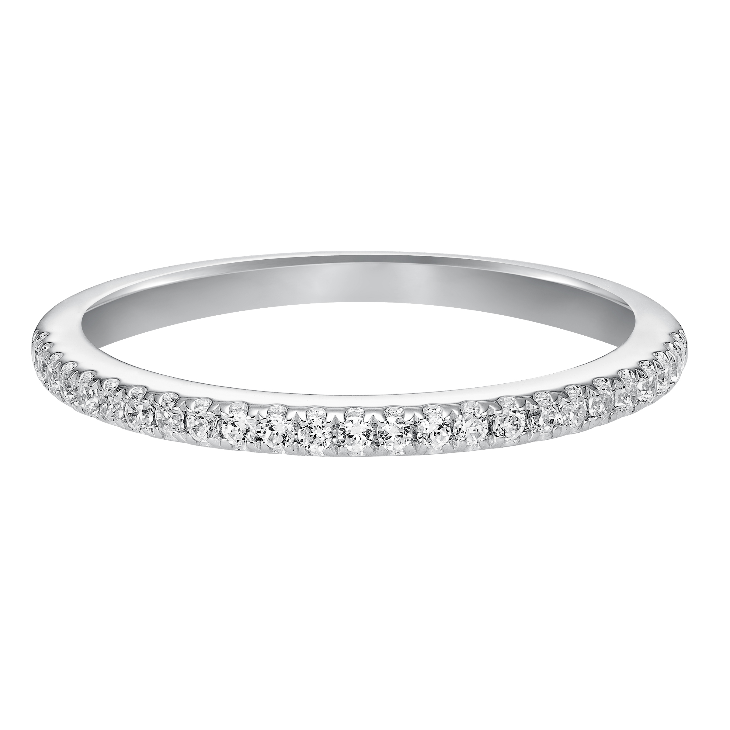 Wedding band with pave set, round diamonds.