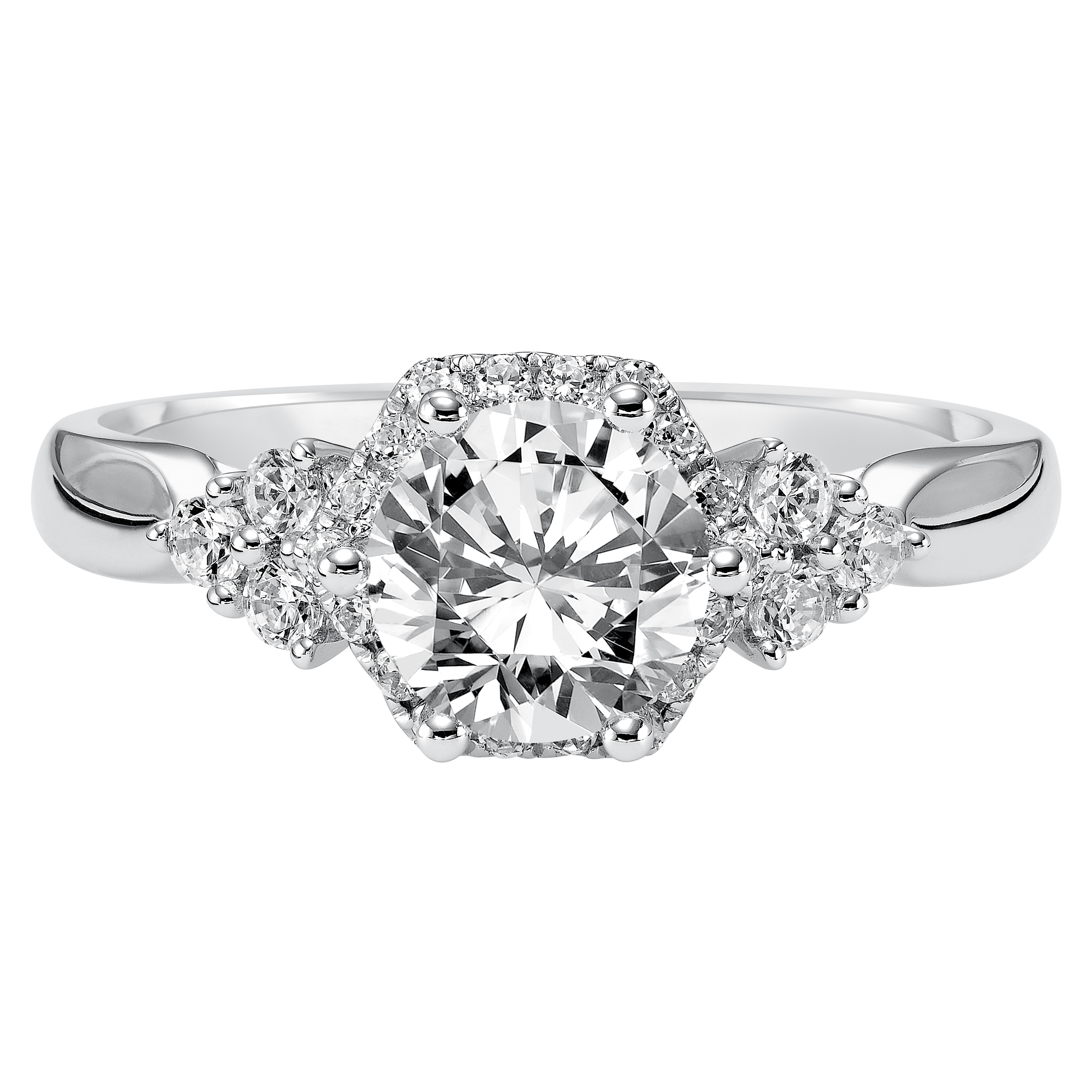 This engagement ring dazzles with a hexagon-inspired halo with filigree and diamond clusters gracing a high polished band for a contemporary chic look