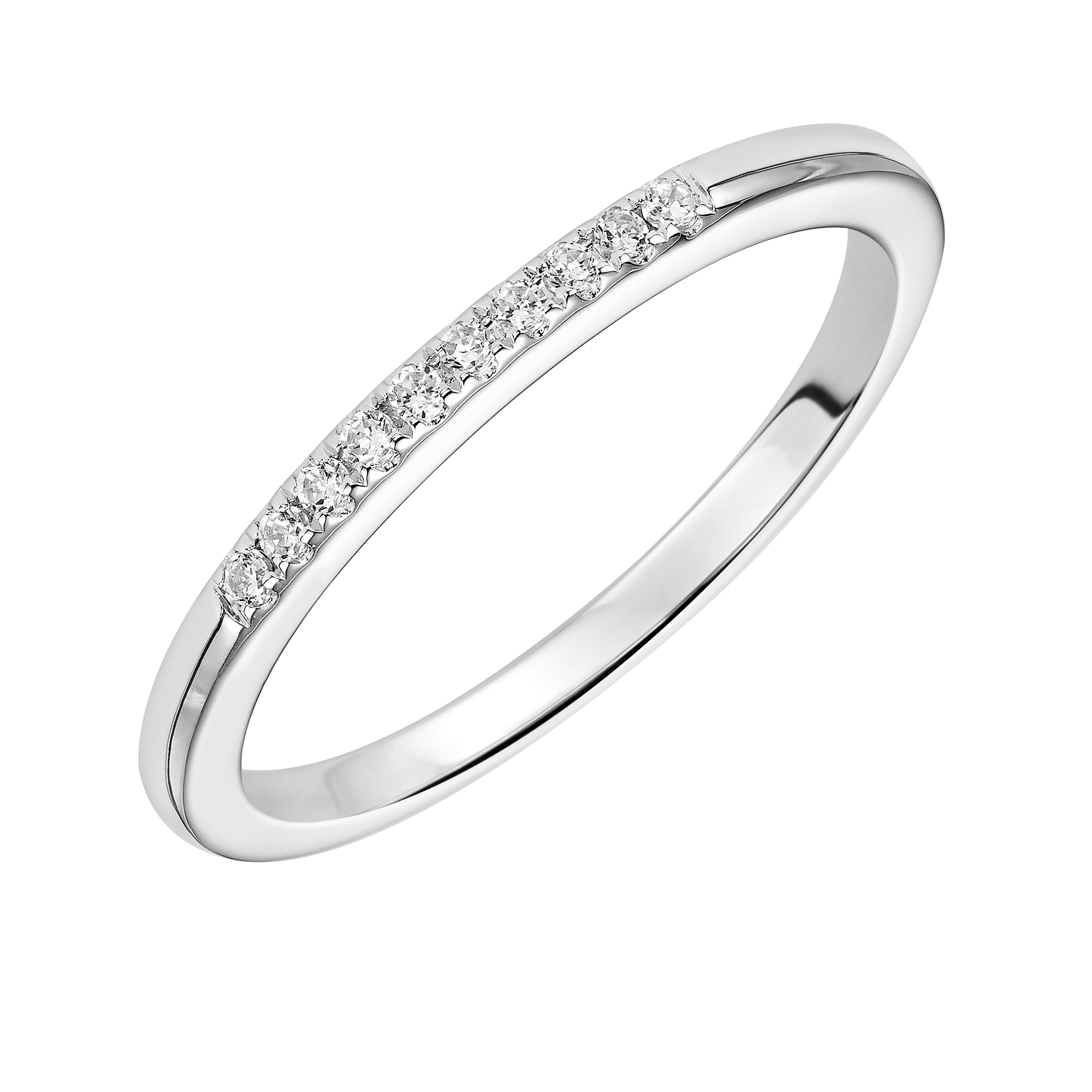 Wedding band with pave set, round diamonds and high polished shank.