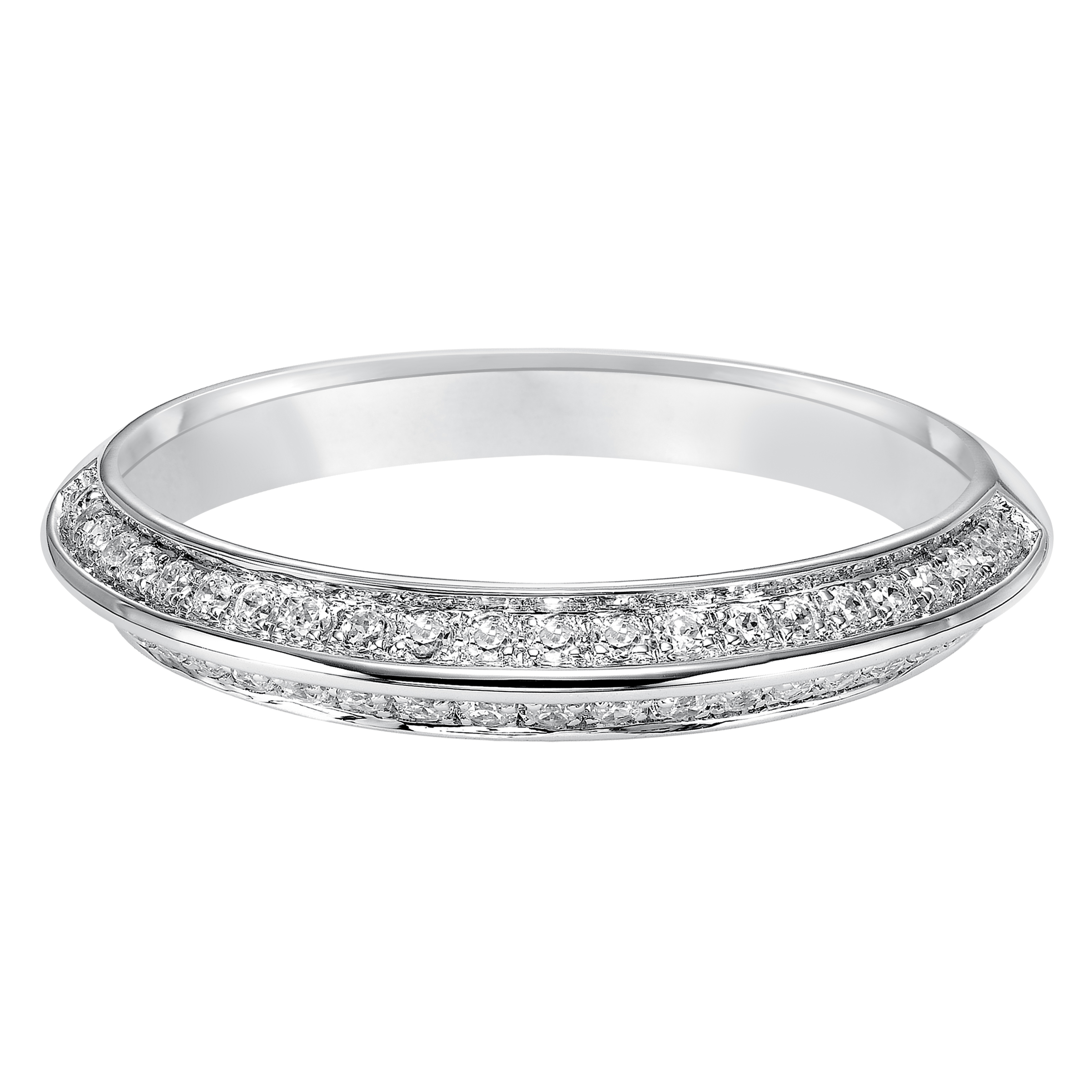 Wedding band with high polished, knife-edge center accentuated with round diamond enhanced sides.